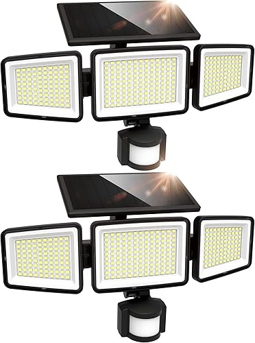 UME Luces solares para exteriores, 302 LED, 3000 lúmenes, IP65, impermeable, sensor de movimiento, luces de inundación de 3 cabezales, 270 ángulo de