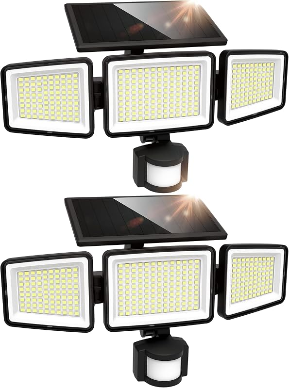 UME Luces solares para exteriores 302 LED 3000 lm, IP65 impermeable con sensor de movimiento, luces exteriores, 3 cabezales de seguridad solar, ángulo de iluminación amplio de 270 con 3 modos para jardín, patio, patio, paquete de 2