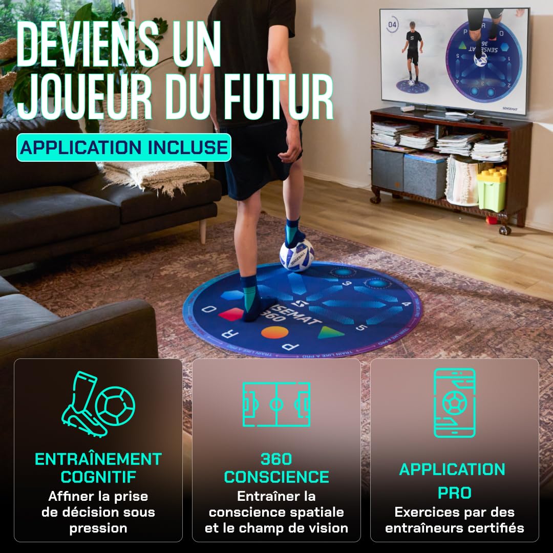 SenseBall - SenseMat 360 - Tapis d'Entraînement Football Cognitif & Jeu de Jambes - Méthode CogiTraining avec Application Incluse (120x120cm), Bleu