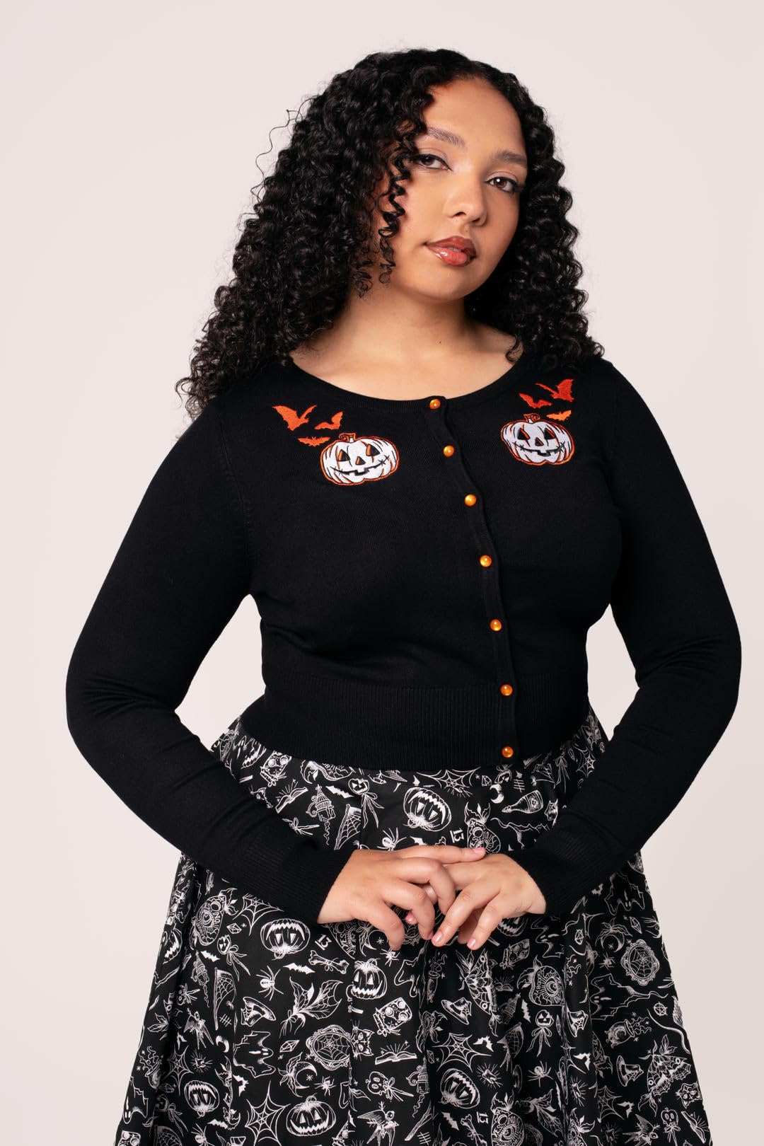 Hell Bunny Hollow Cardigan - Maglia Gotica di Halloween con Motivo a Zucca e Pipistrelli