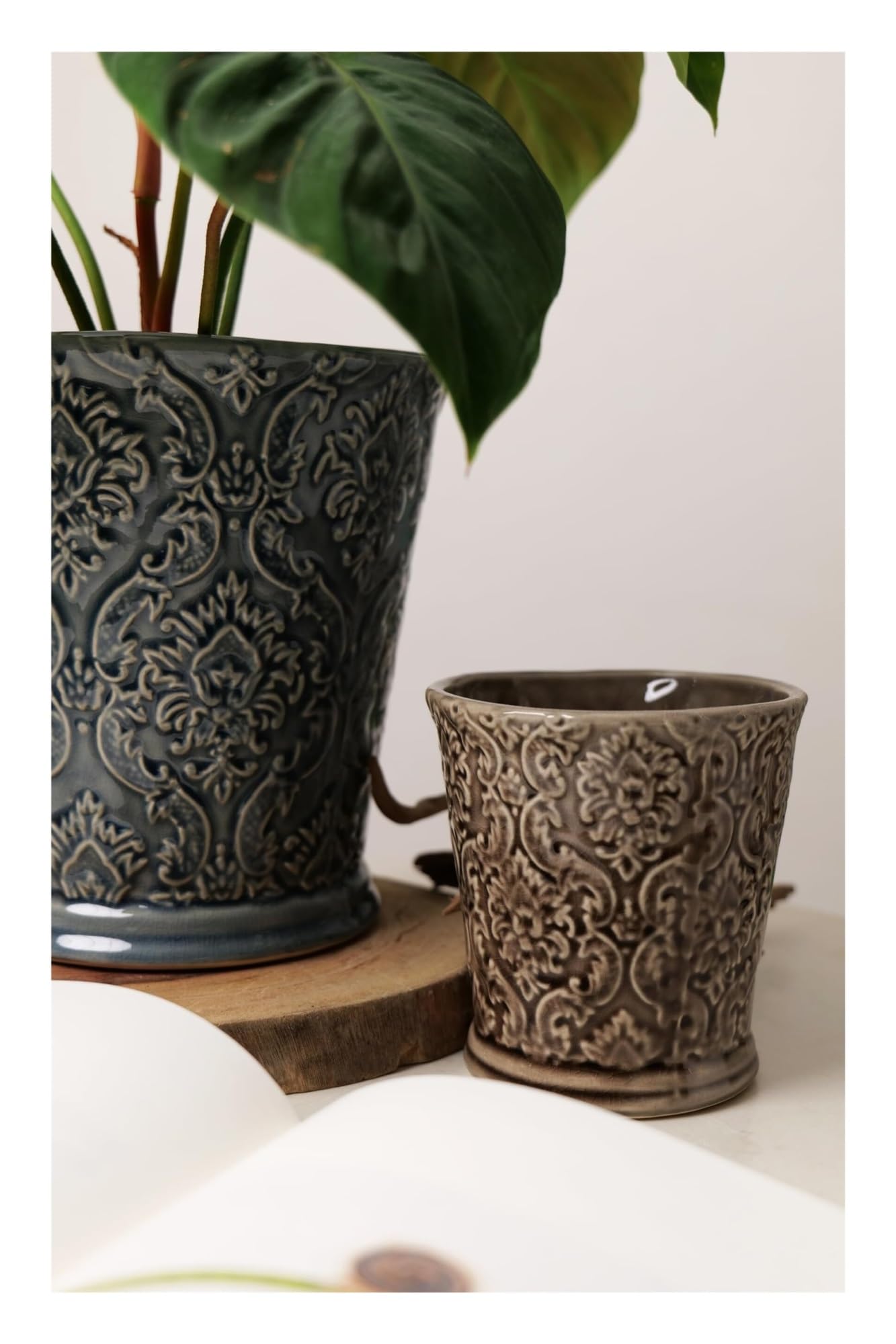Ceramiczne doniczki z kwiatowym wzorem, do użytku wewnątrz i na zewnątrz, do sukulentów, kaktusów, storczyków i kwiatów (brązowe)