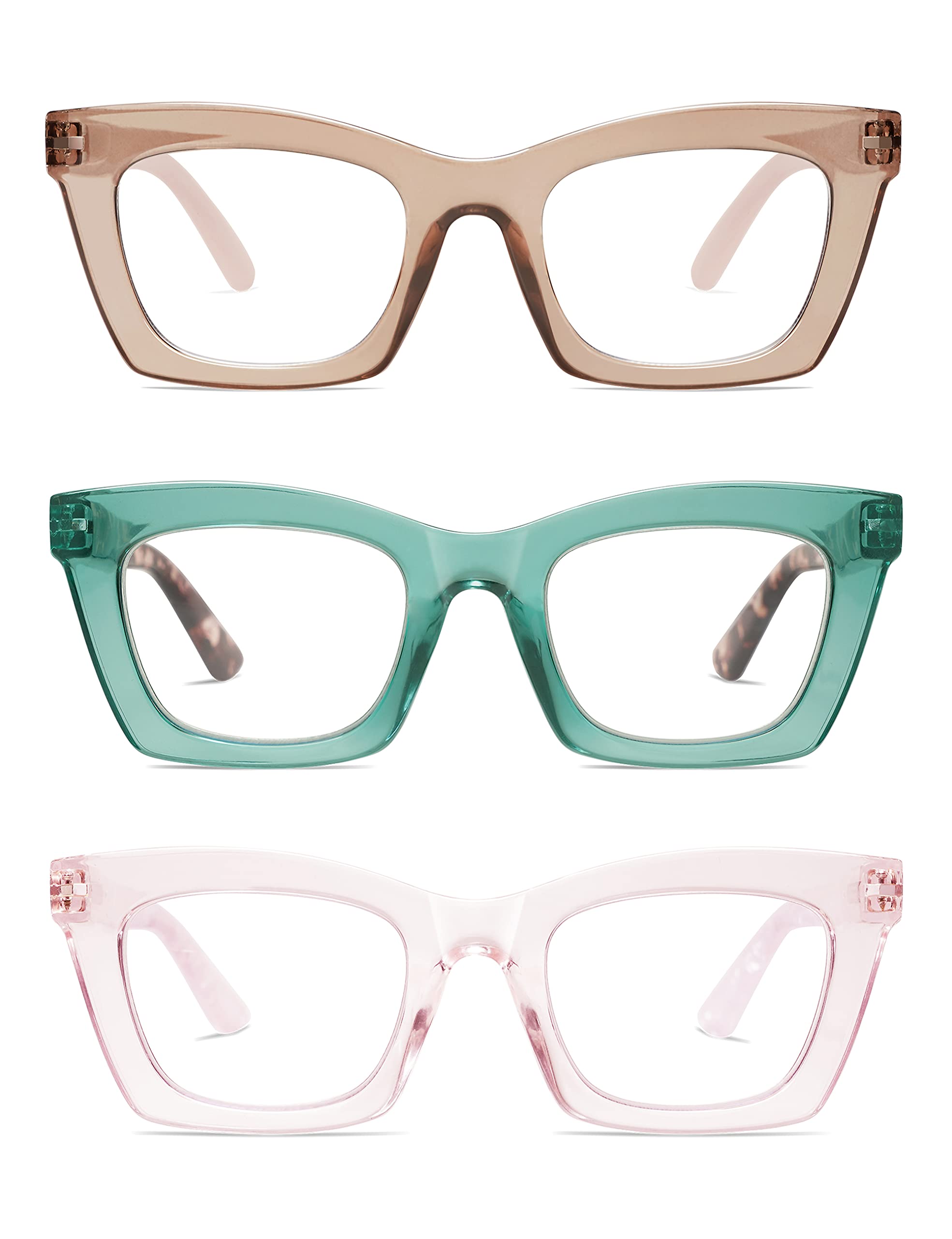 AMOMOMA Lesebrille mit 3 blauen Lichtstilen, groß, modisch, für Damen, Retro-Lesebrille, quadratisch, niedlich und robust, für Computer, AM6042, Braun + Grün + Rosa