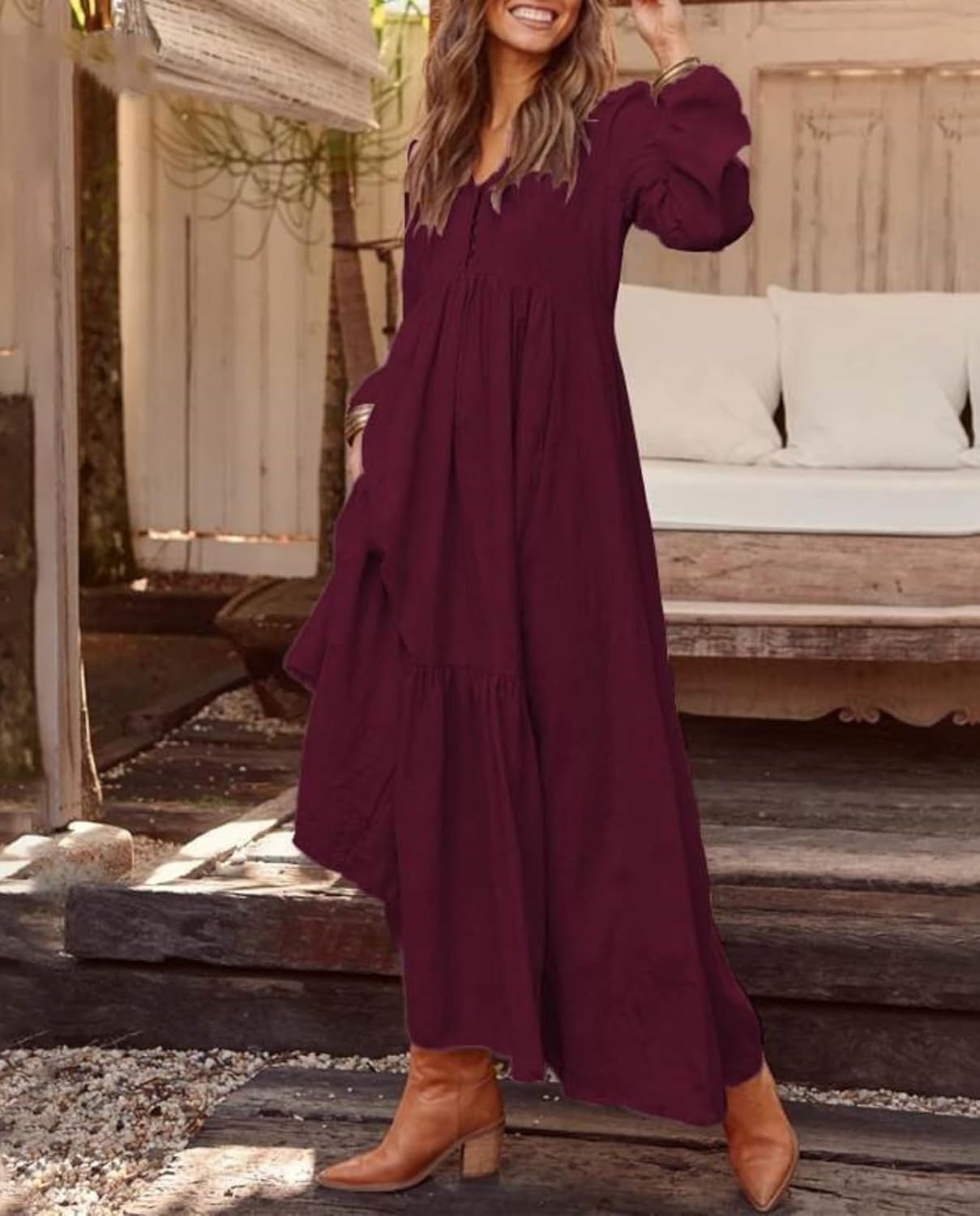 LIZALIG Womens Cotton Maxi Dresses V Neck Button Long Sleeve Casual Boho Flowy Beach Dress with Pockets - Image 2