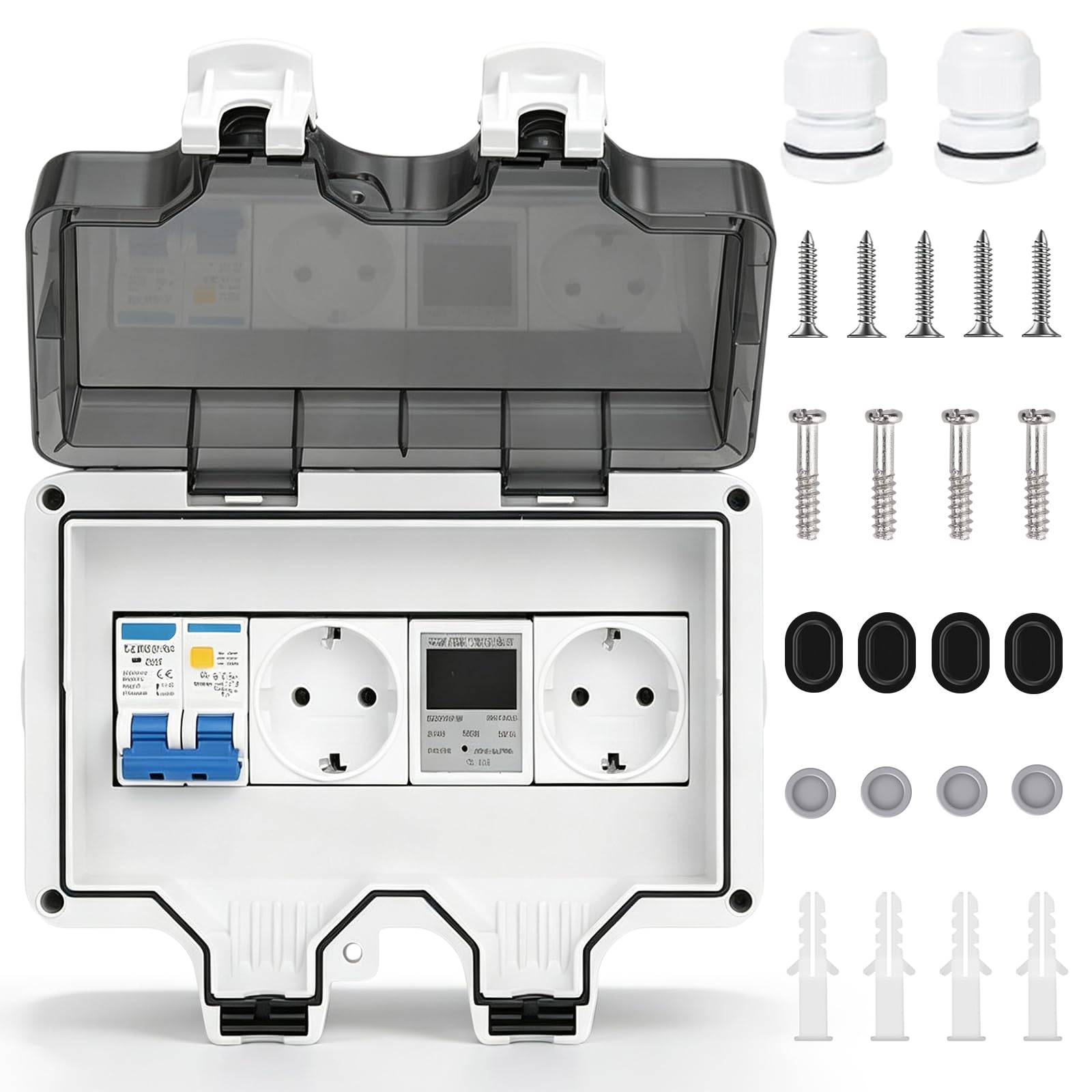 Boîte de distribution en saillie avec compteur de courant 230 V, boîtes de distribution murales avec interrupteur Fi 16 A et prise de courant, petit répartiteur en saillie, étanche IP66, 8 modules