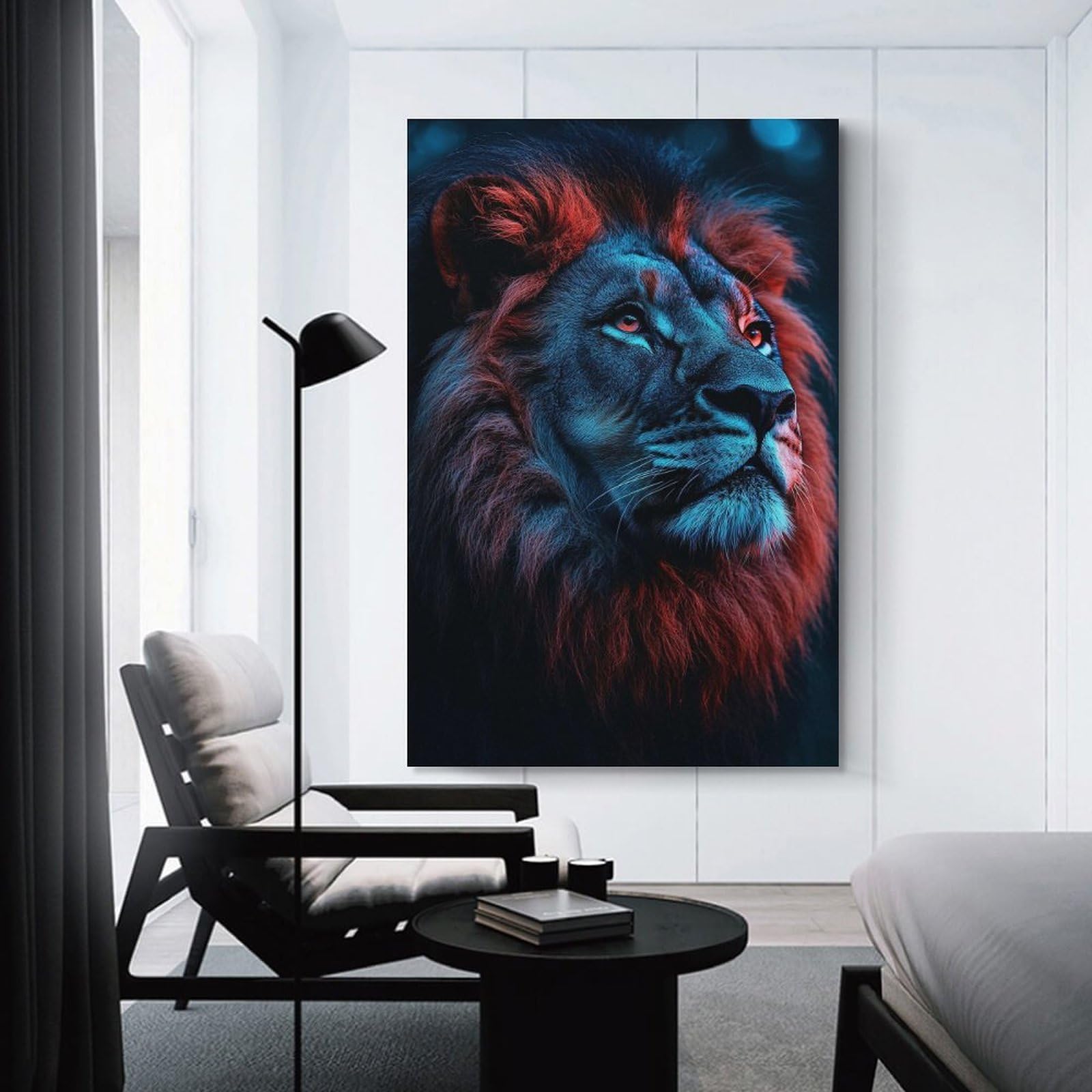 Junmoney Canvas Art Print Lion Portrait with Red And Blue Lighting, 16x24inch(40x60cm), for Calm Bedrooms, Home Corners Or Flats, A Warm Accent for Relaxed Interiors