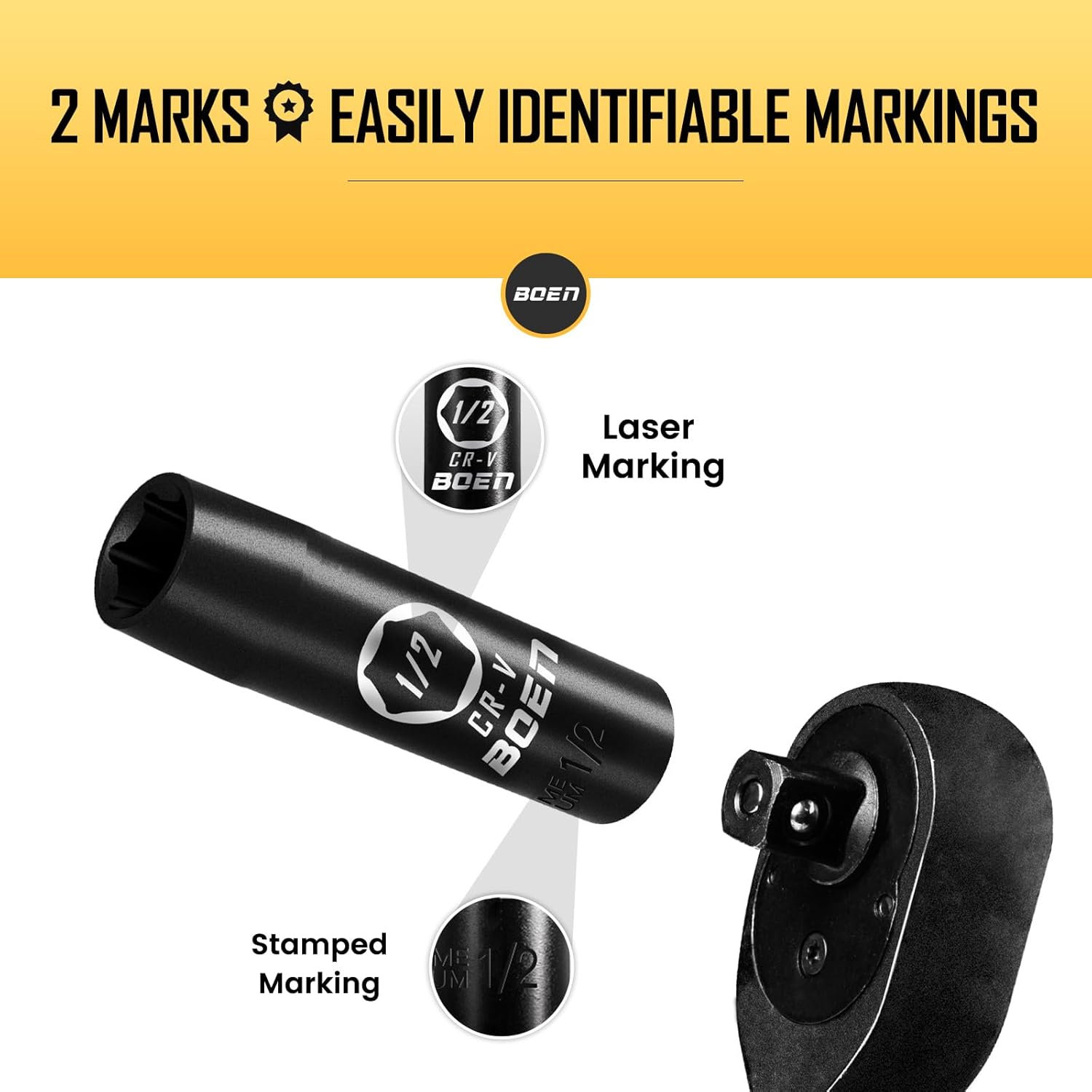 BOEN 3/8" Drive Deep Impact Sockets, Premium Impact Socket, 1/2" Socket, SAE, 6 Point,Cr-V Steel with Laser Marking - Strong and Durable