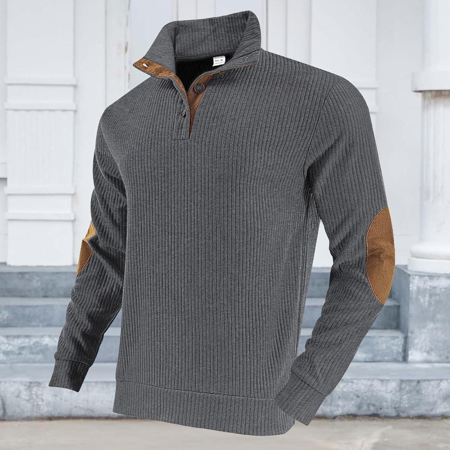 LOAIHA Mens Casual Striped Corduroy Sweatshirt Long Sleeve Classic Stand Collar Quarter Button Pullover Sweatshirts