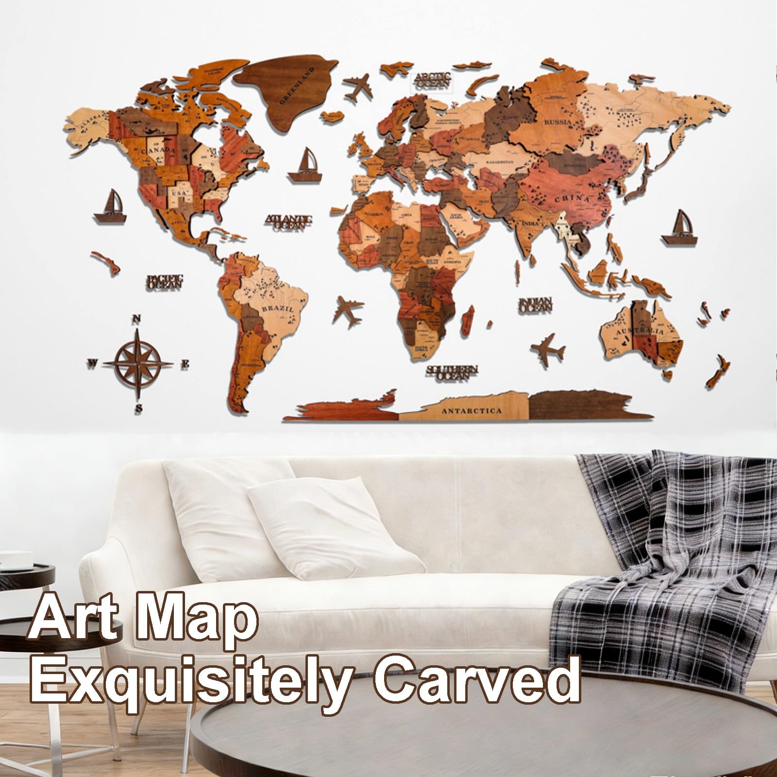 Drewniana Mapa Świata 3D, Duża Dekoracja Ścienna 3D, Nowoczesna Dekoracja Ścienna do Domu, Artystyczna Mapa Świata do Domu Lub Biura(Blue,250x142cm/98x56in)