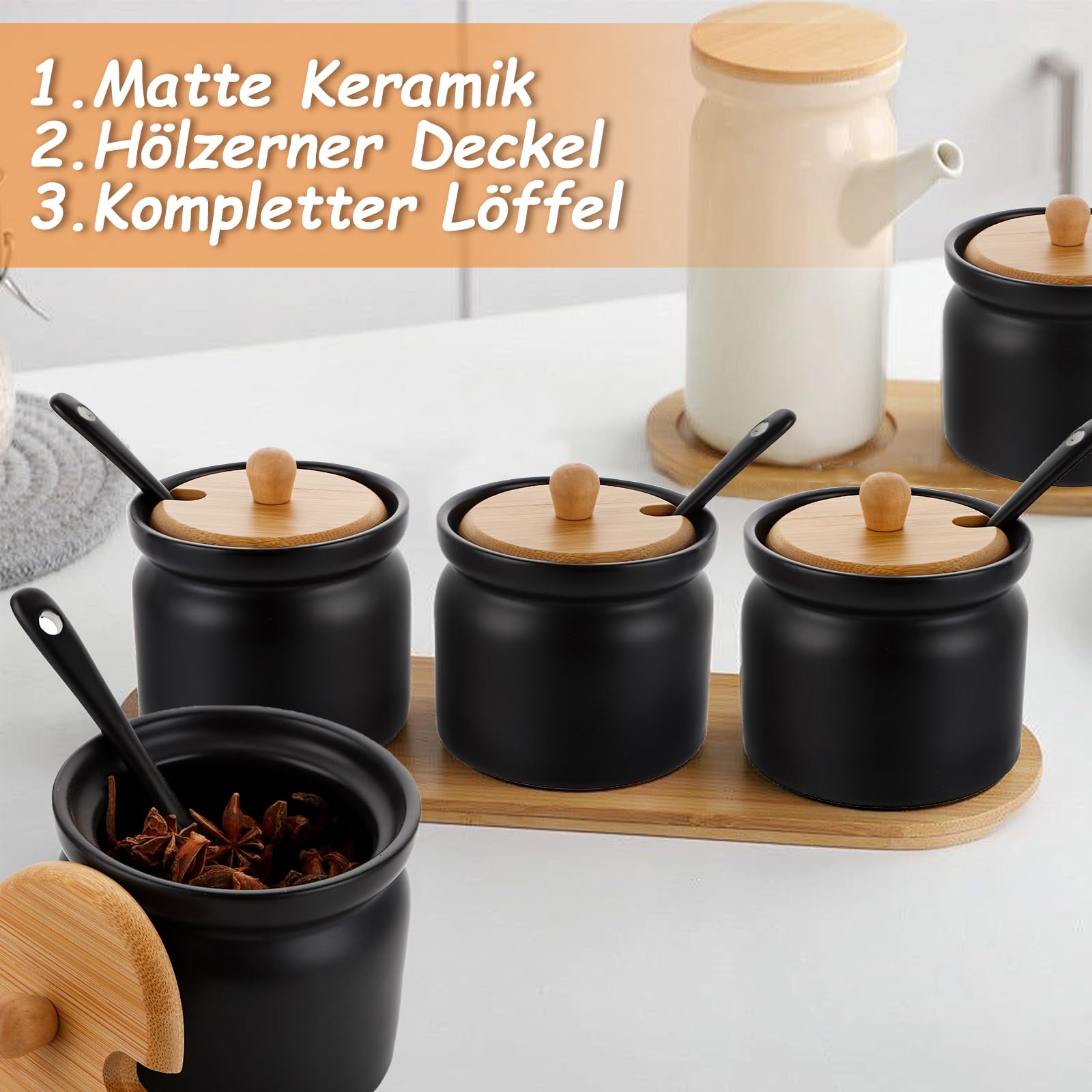 Set di 2 zuccheriera con coperchio e cucchiaio, e coperchio in legno, ca. 180 ml, in ceramica, per cucina, sala da pranzo, caffetteria (ferro)