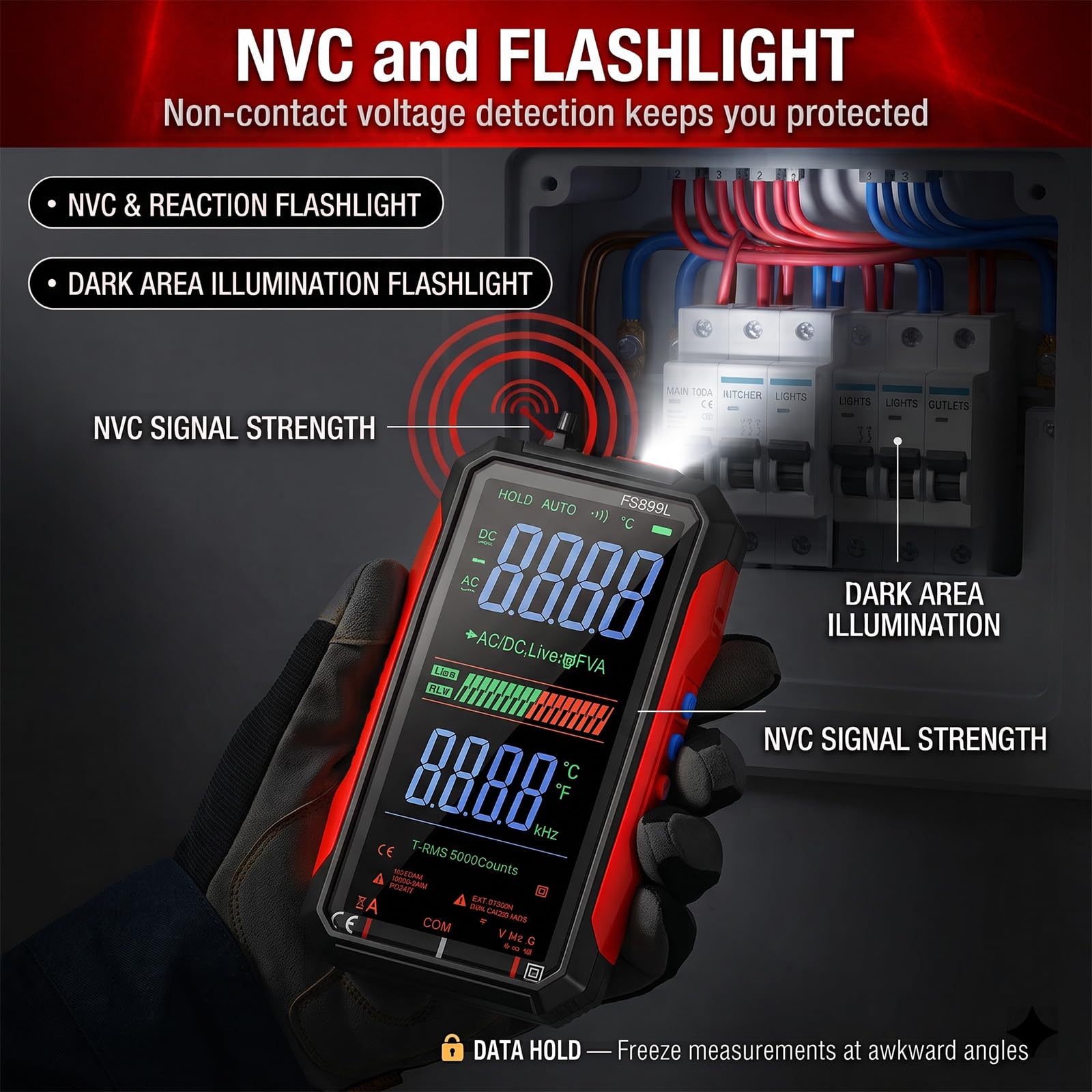 Rechargeable Digital Multimeter 6000 Counts True RMS Smart Tester with 5-Inch Screen, Auto-Range, NCV Detection, Capacitance & Temperature for Home Automotive Industrial Electrical Repairs (Red) — Amazon image 5