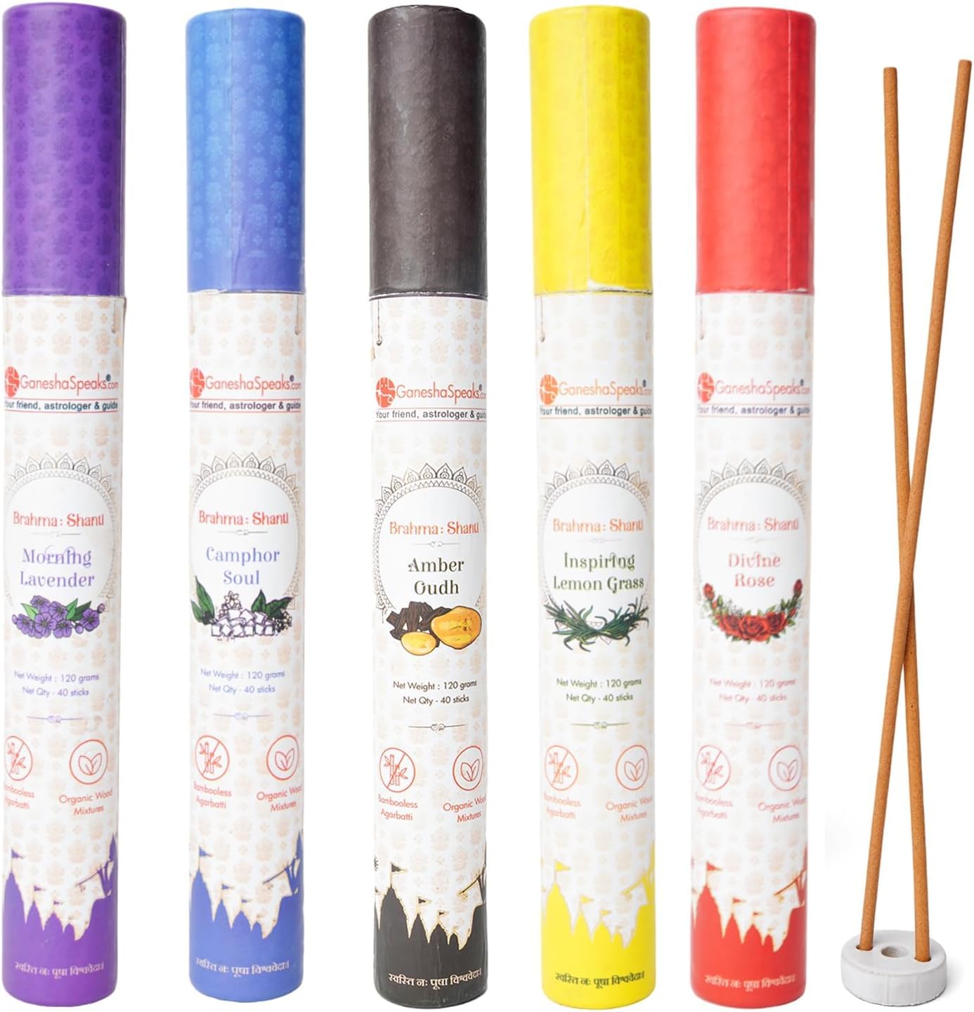 Bambooless Incense Sticks 120 Pieces (Pack of 3) Camphor, Amberoud & Rose Fragrance Burn Time: 60 Mins Free Ceramic Stand