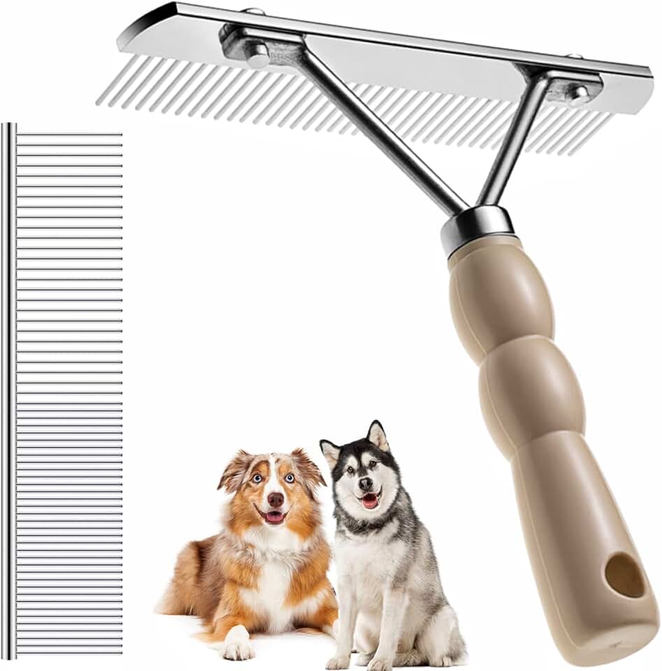 Dog Rake for Undercoat, Pet Grooming Set Long-Tooth Metal Brush & Stainless Steel Shedding Comb for Big Dogs Long-Haired Cats Horse