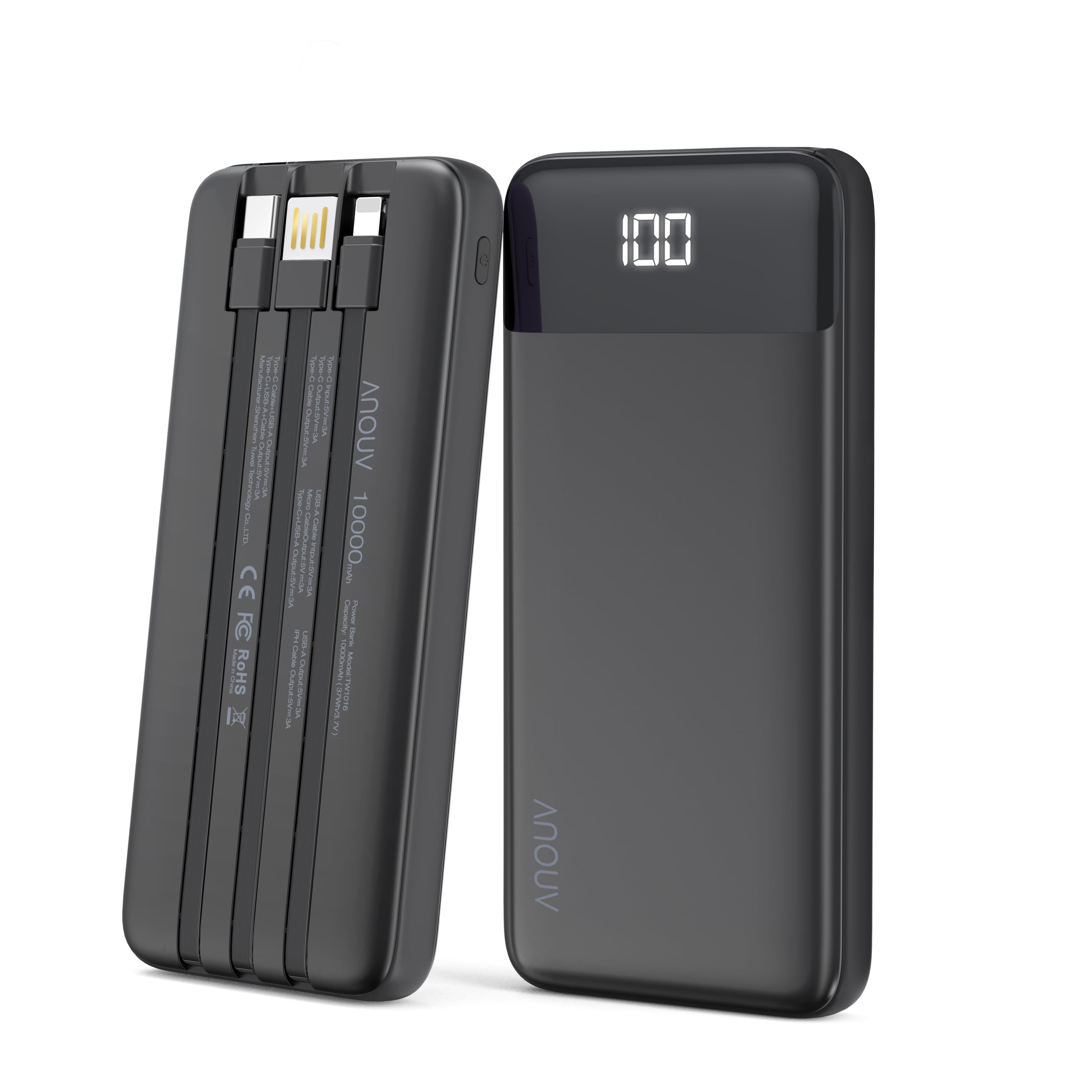 Portable Charger with Built-in Cables 10000mAh Power Bank with Cords Slim Battery Pack with LED Display Travel Essential