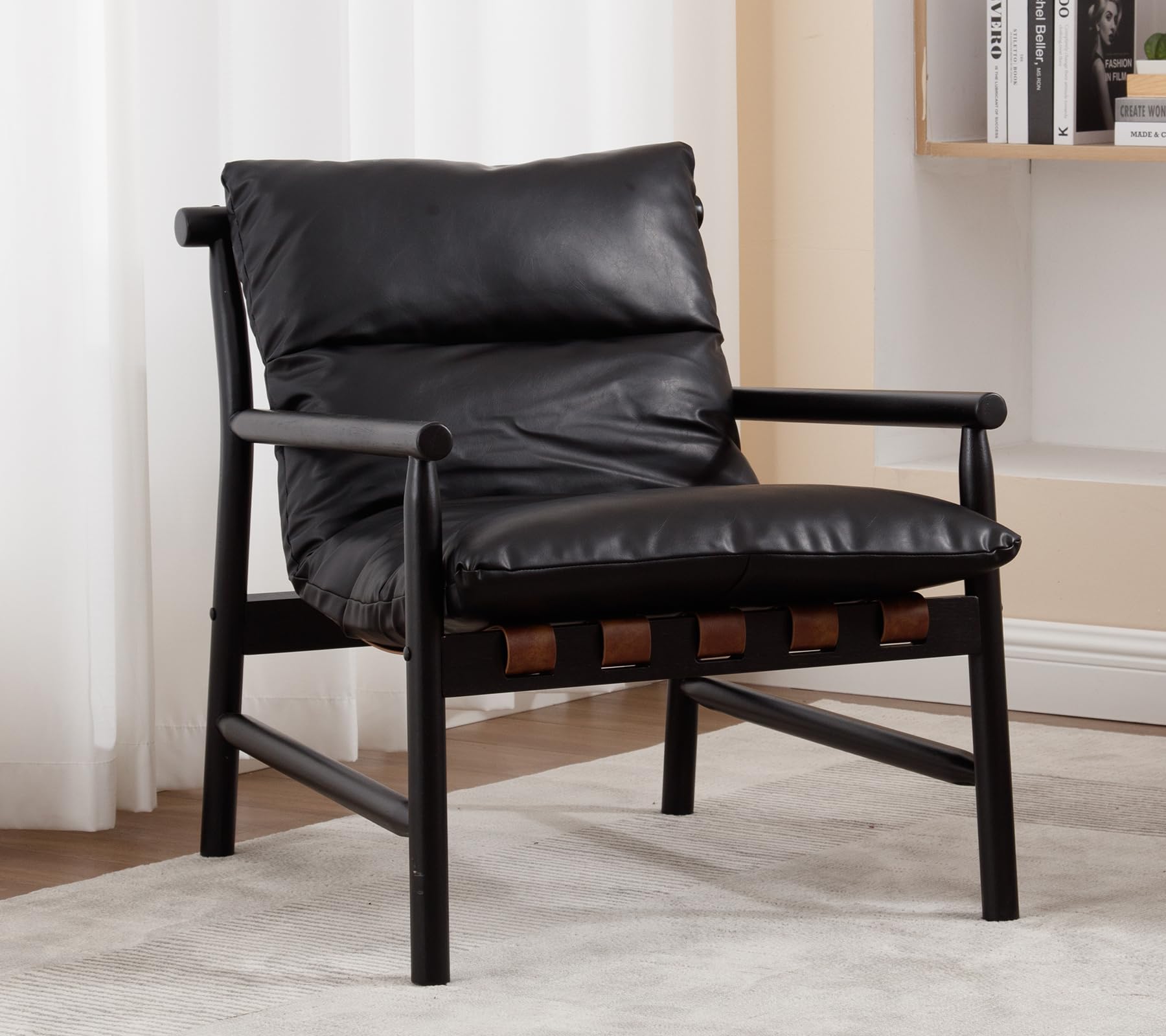 Leather Armchair Sling Chair Living Room Leather Wood Armchair