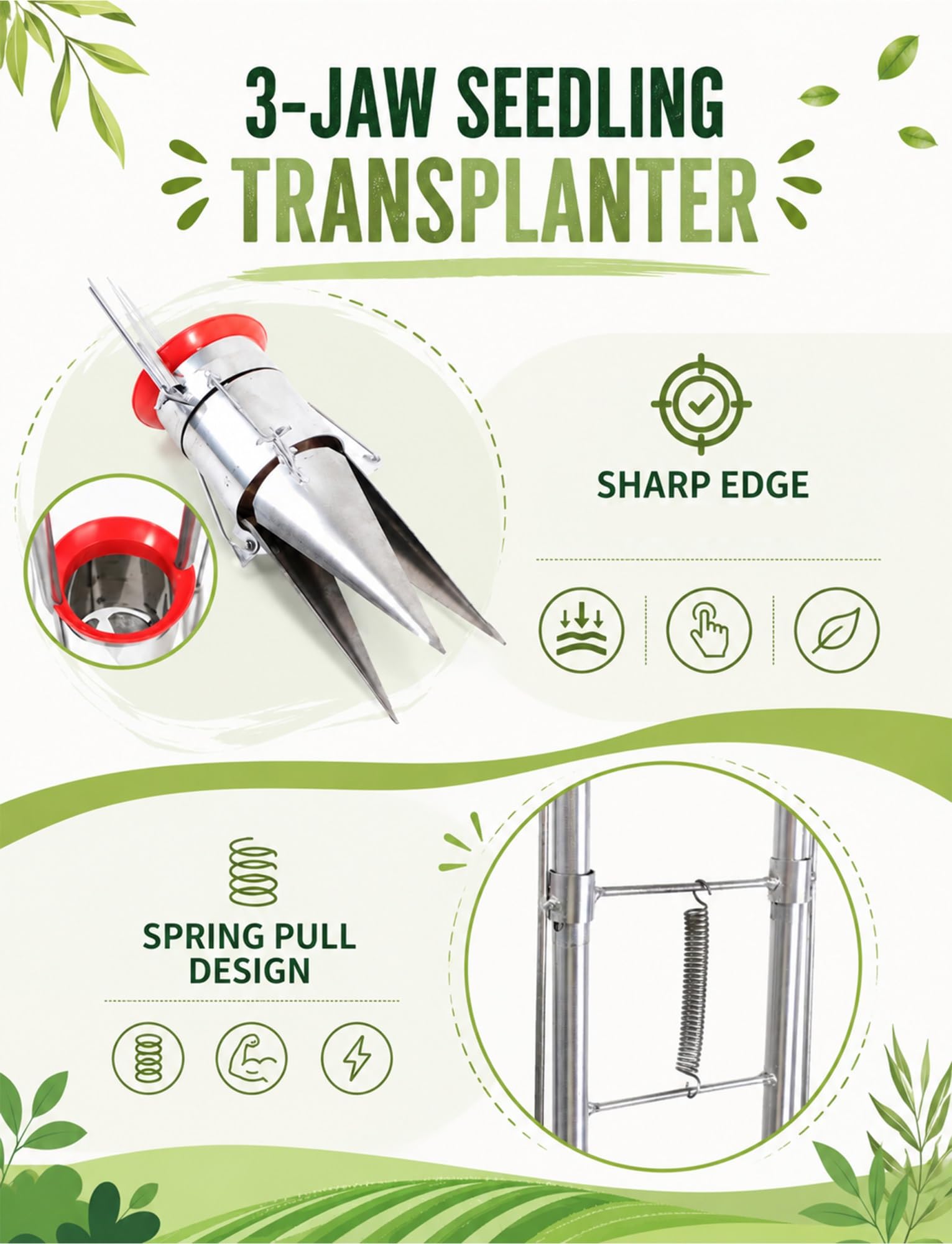 Transplanteur de semis, transplanteur de semis à 3 mâchoires, planteur de bulbes de jardin et perforateur de semis, outil de transplantation de légumes sans effort(10 cm/4 inch,14 cm/5.5 inch)