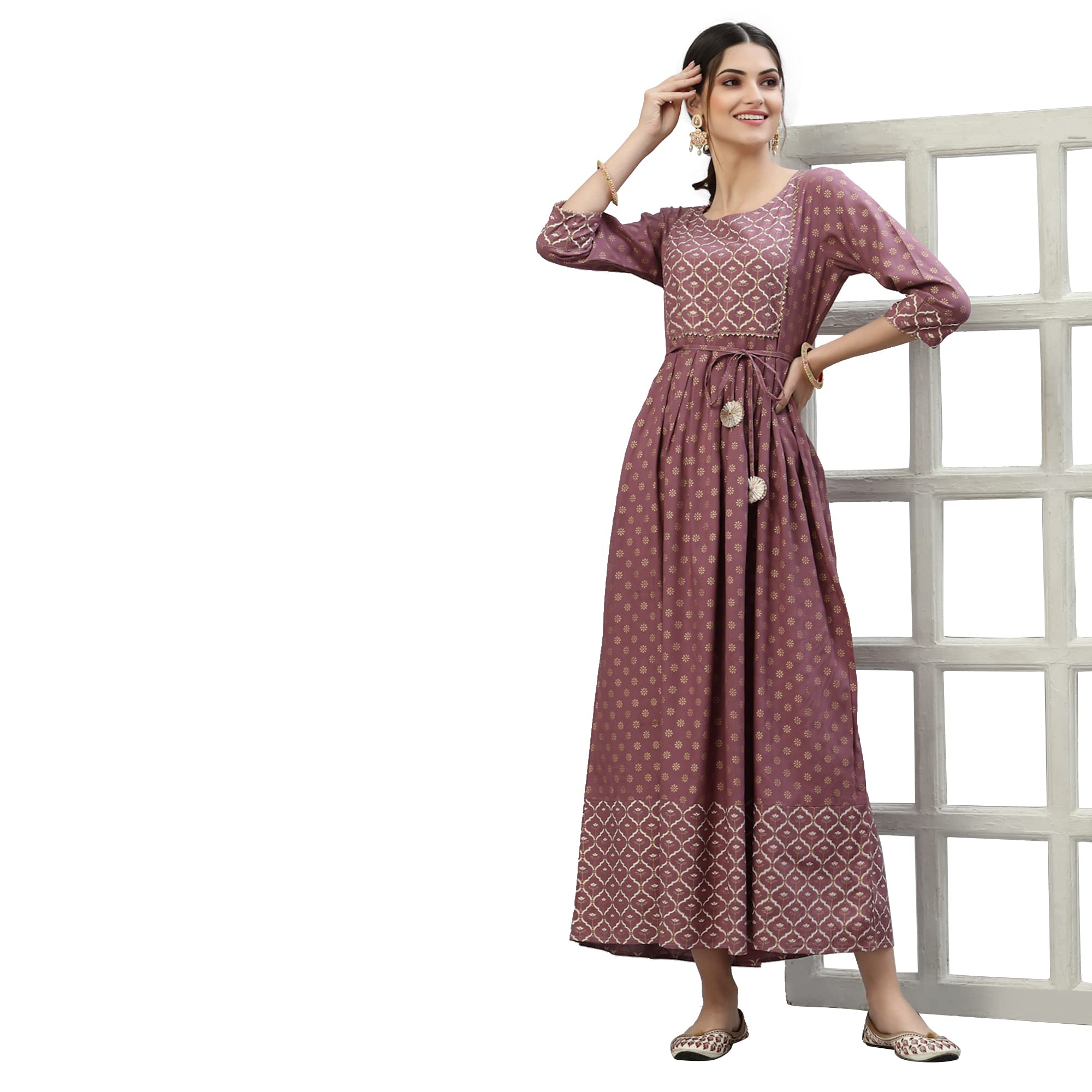 Stylum Women's Gold & Khari Printed Rayon Flared Long Ethnic Dress (Sonymauve36_Purple, S)