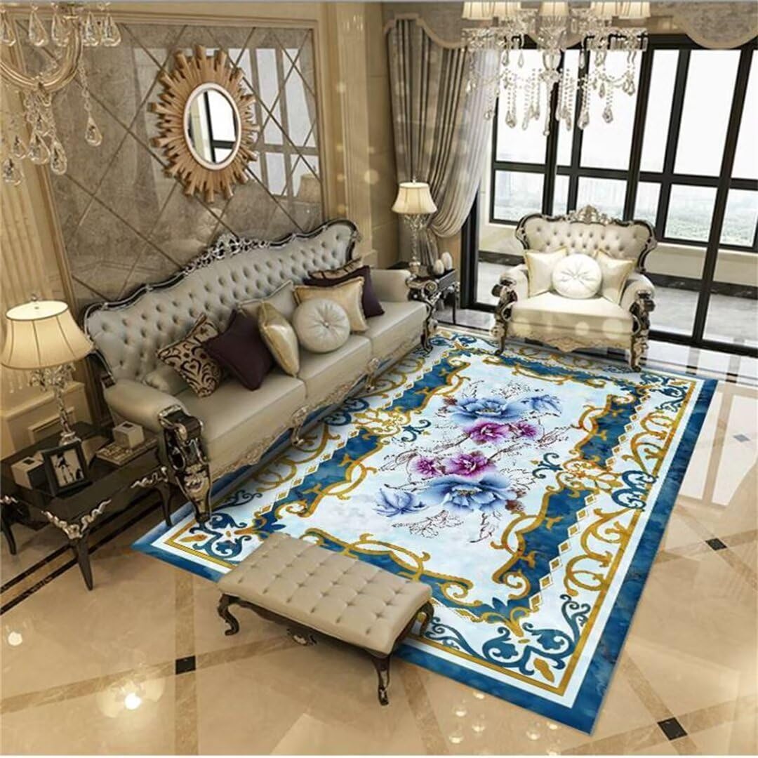 Tapis gamer bleu floral vintage doux pour salon et chambre d'enfant