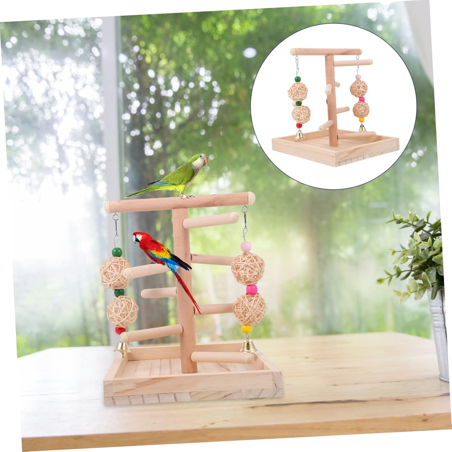 1Pc Wooden Parrot Standing Rack with Climbing Ladder and Swing Toy for Bird Cage Easy to Install Bird Perch Accessory for Parakeets Conures Budgies Natural Exercise Platform for Pet Birds