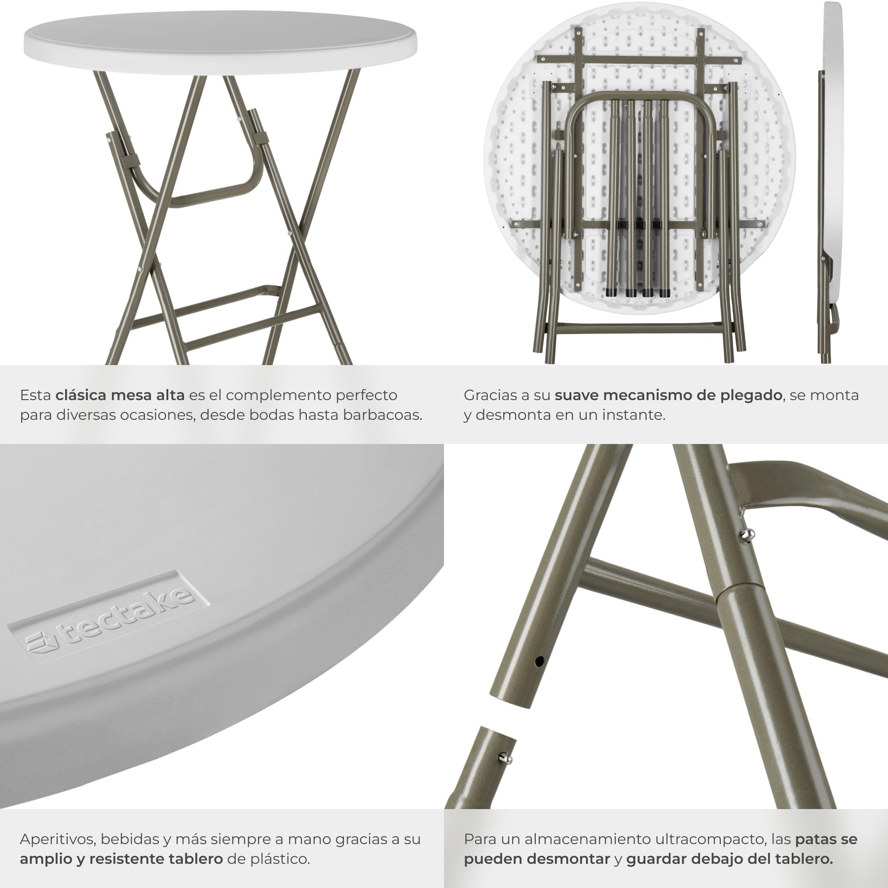 tectake® Mesa Alta Cocina Plegable de Plástico, Mesa Alta Comedor con Soporte Estable, Pensada como Barra Cocina Auxiliar para Espacios Pequeños - 80 x 80 x 110 cm - Set de 1