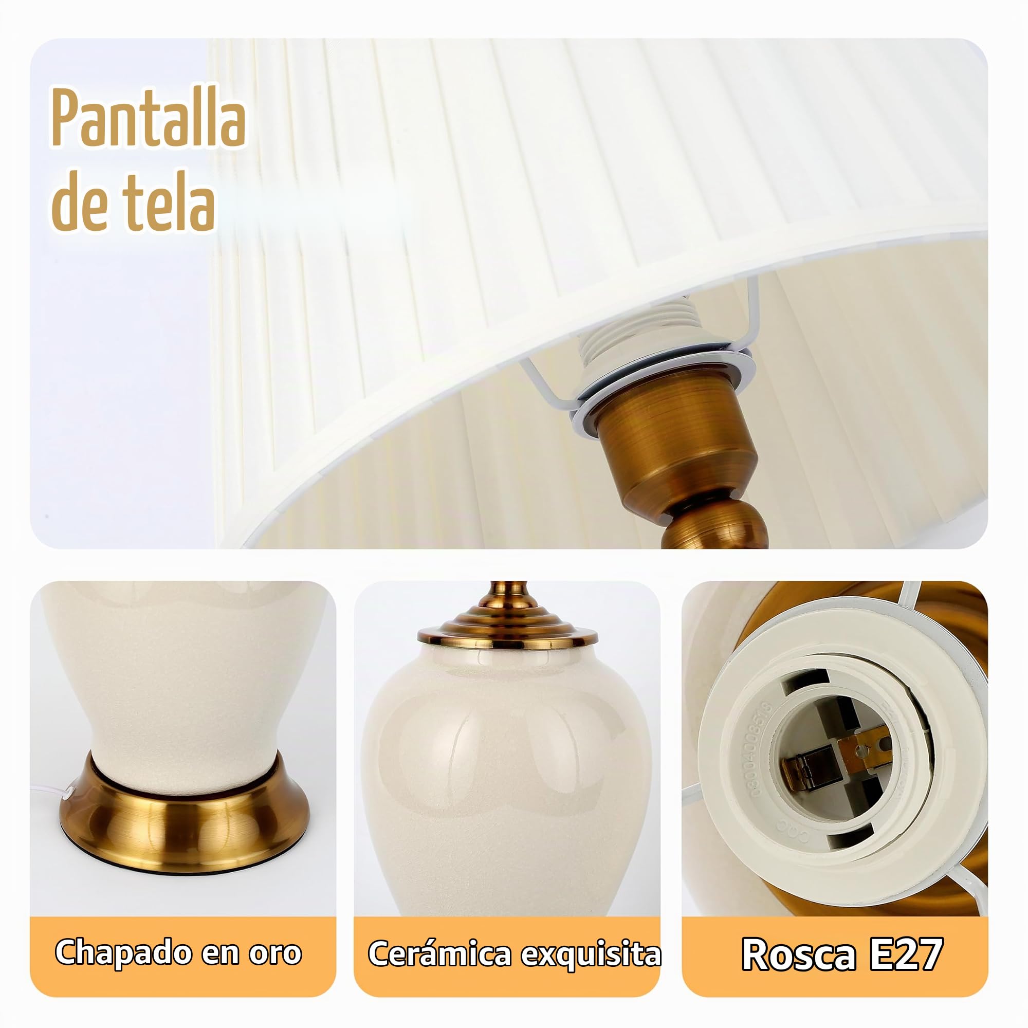 Lámpara de mesa moderna E27 lámparas de mesita de noche, lámpara de escritorio de tela blanca, lámpara de mesa de noche de cerámica, decoración de dormitorio, estudio lámpara de lectura