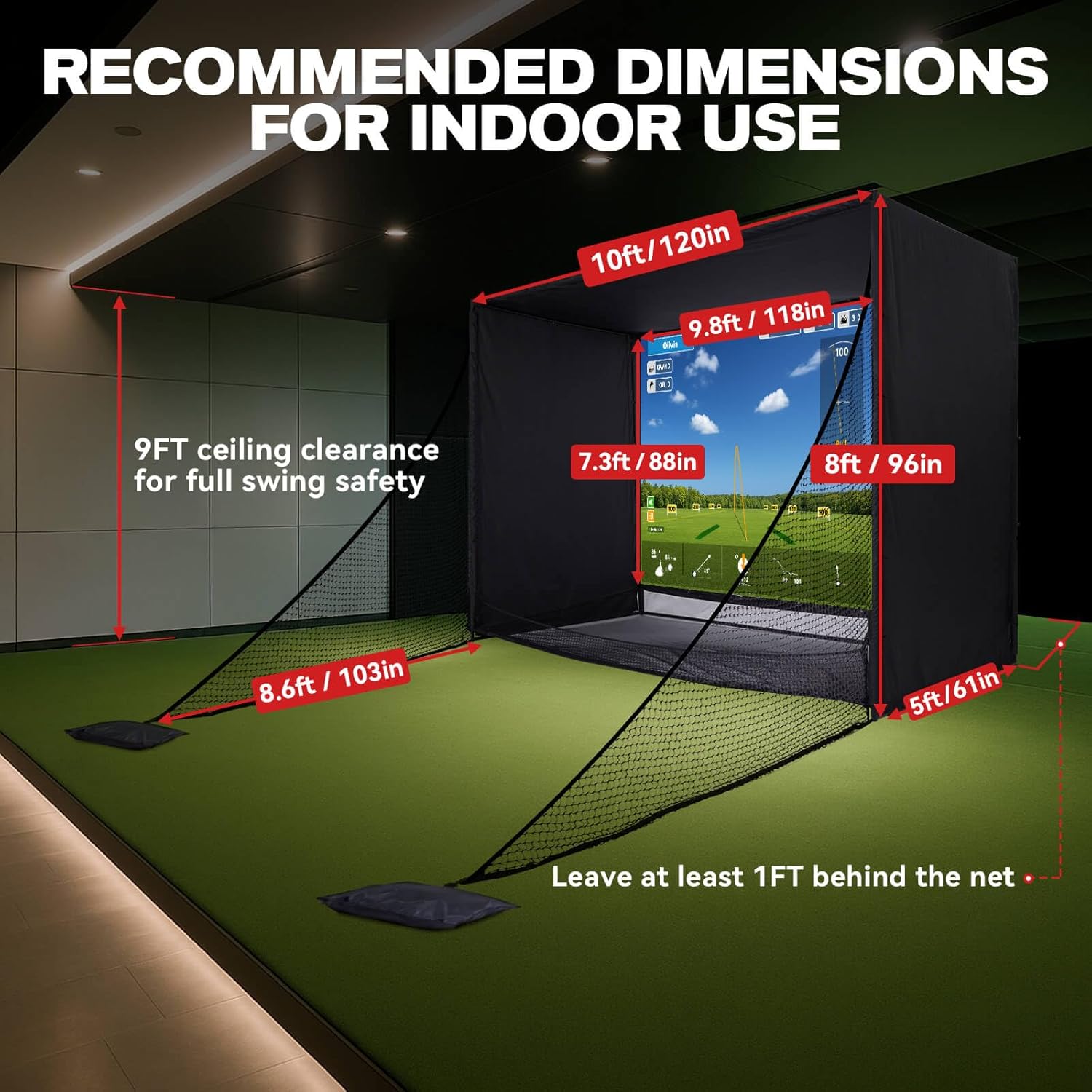Golf Simulator Enclosure, 10x8FT Golf Net with HD Impact Screen & Side Barriers – Dual-Layer Impact Screen, Foam-Padded Frame, Indoor Cage Net for Home Garage Studio