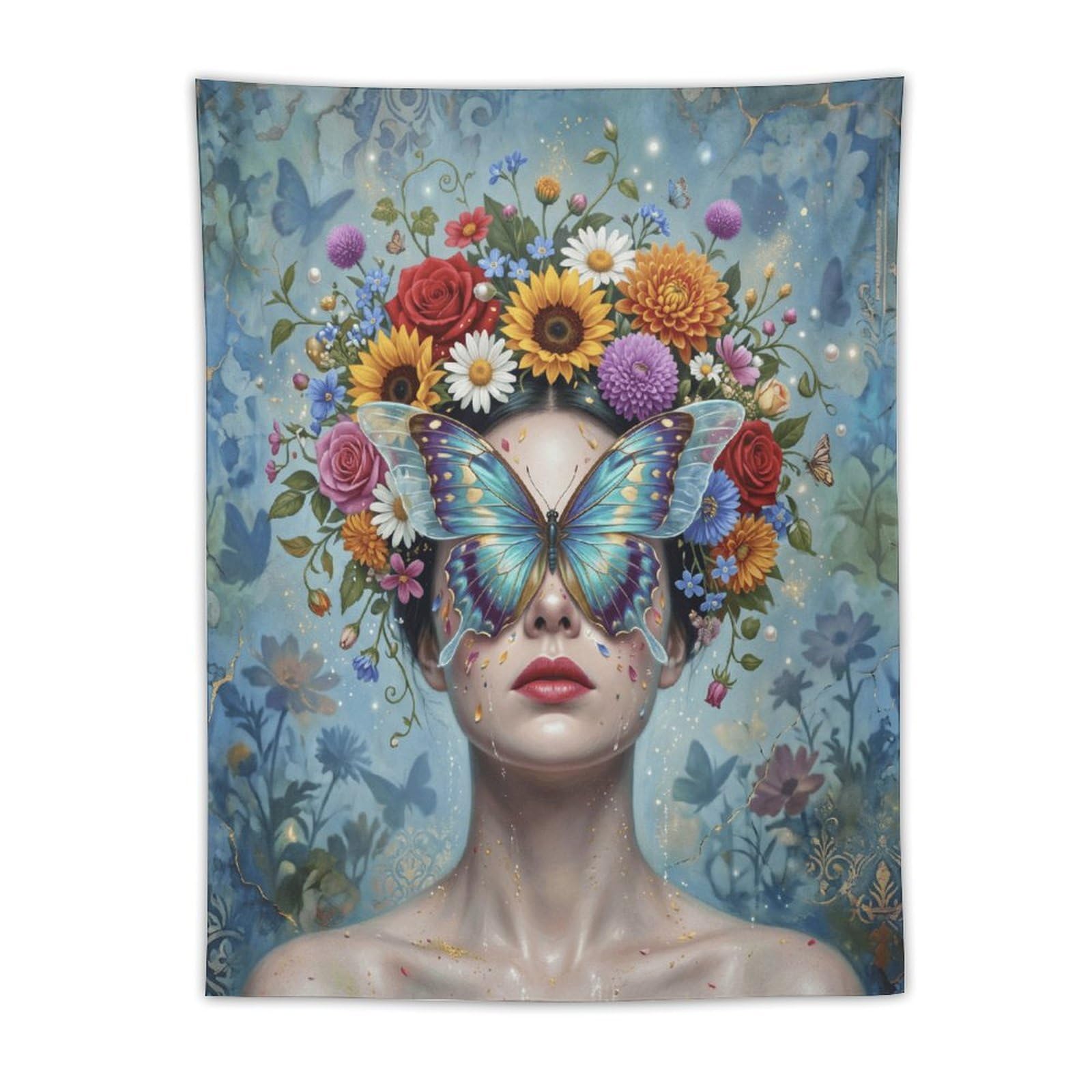 H3B8U2Y5 Butterfly Woman Flower Crown Wall Tapestry, Botanical Surrealism