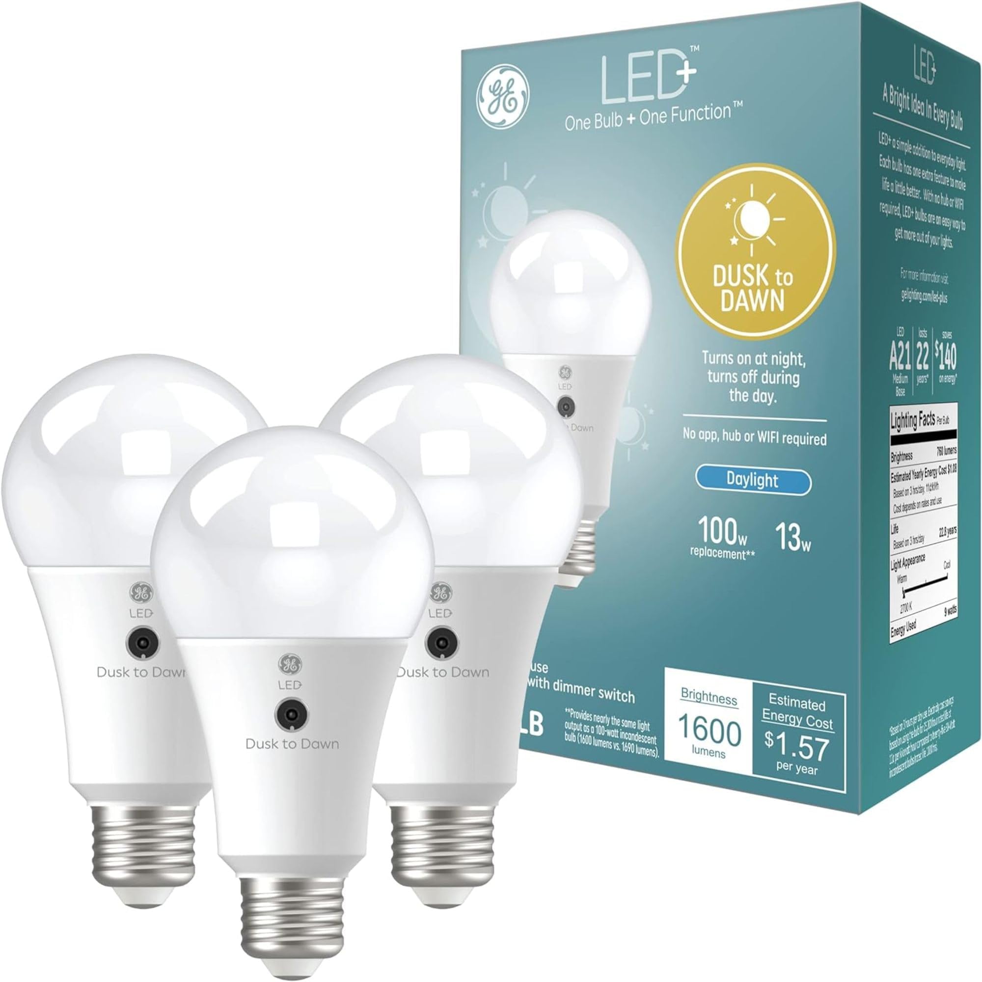 LED+ Dusk to Dawn A21 LED Light Bulb, Automatic On/Off Outdoor Light, 13W, Daylight (3 Pack)