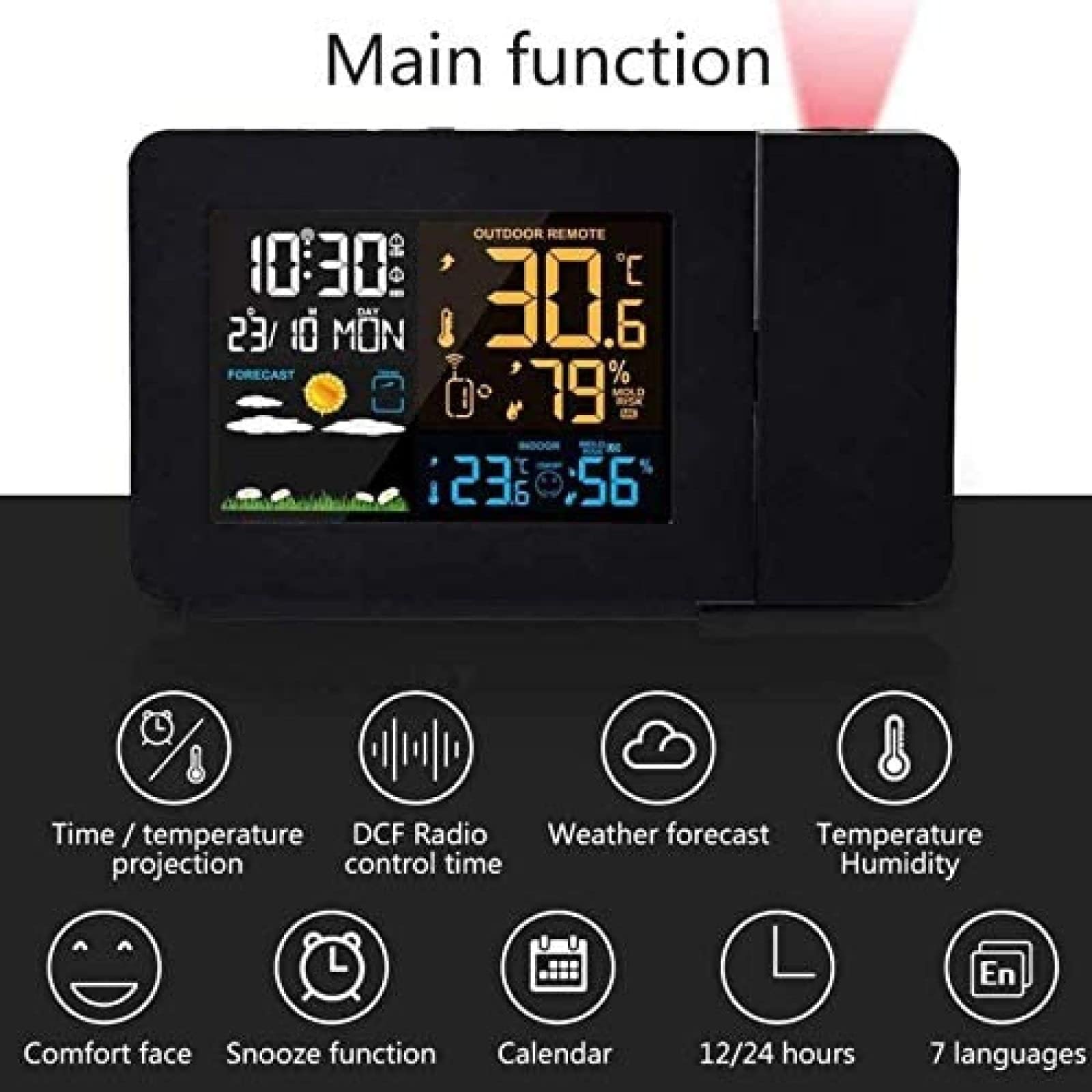 Réveil à Projection, projecteur d'horloge numérique, avec Station météo, adapté à la Chambre à Coucher, Horloge de projecteur, avec thermomètre intérieur sans Fil, Moniteur de température in