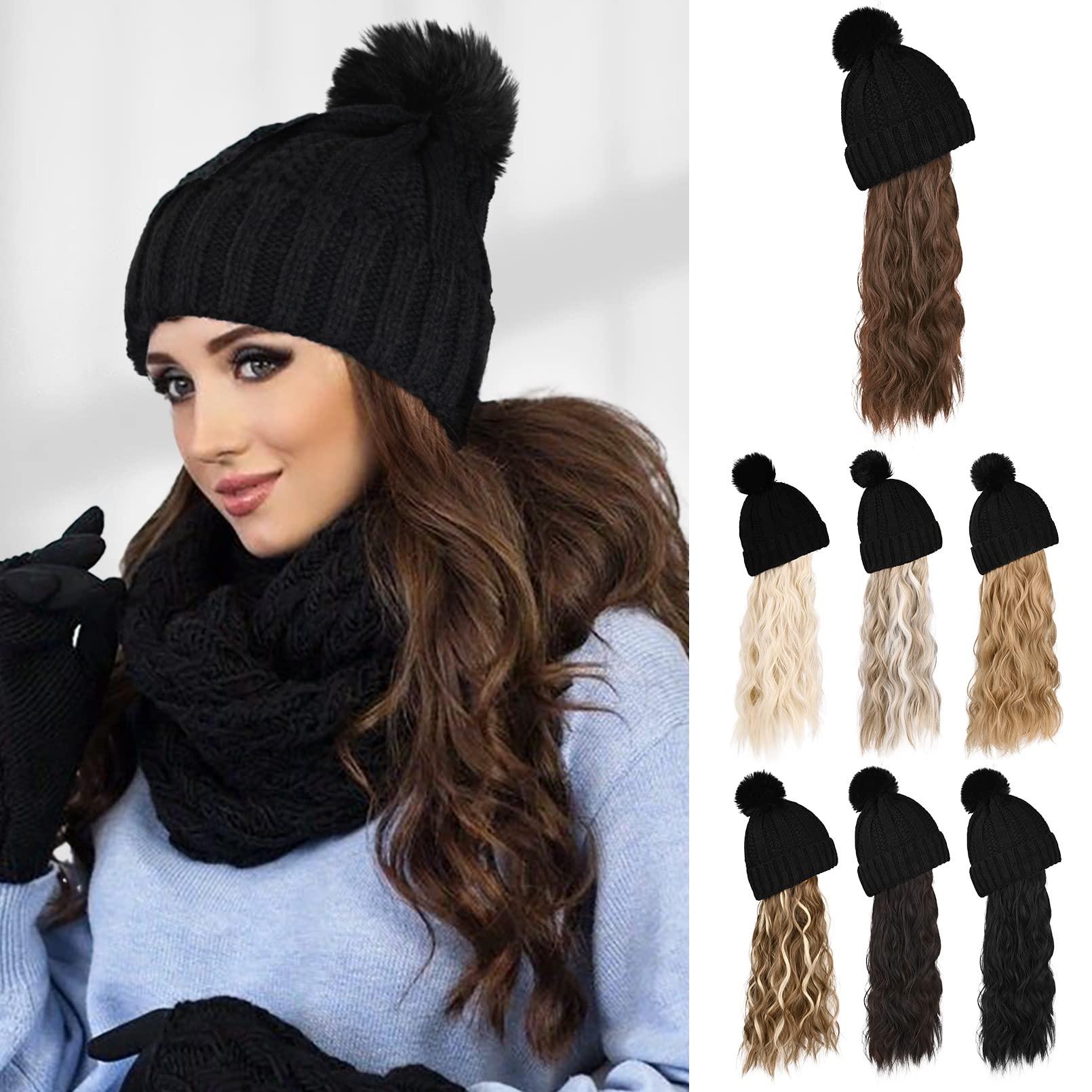 Flufymooz FLmaozi Beanie Wig, Hat Hair Extension Long Wavy Curly Black Hat Wig with Faux Fur Pom Hat, wig hat Attached 20 Inch Synthetic Hairpiece for Women Girls Winter （Brown with Medium Auburn）