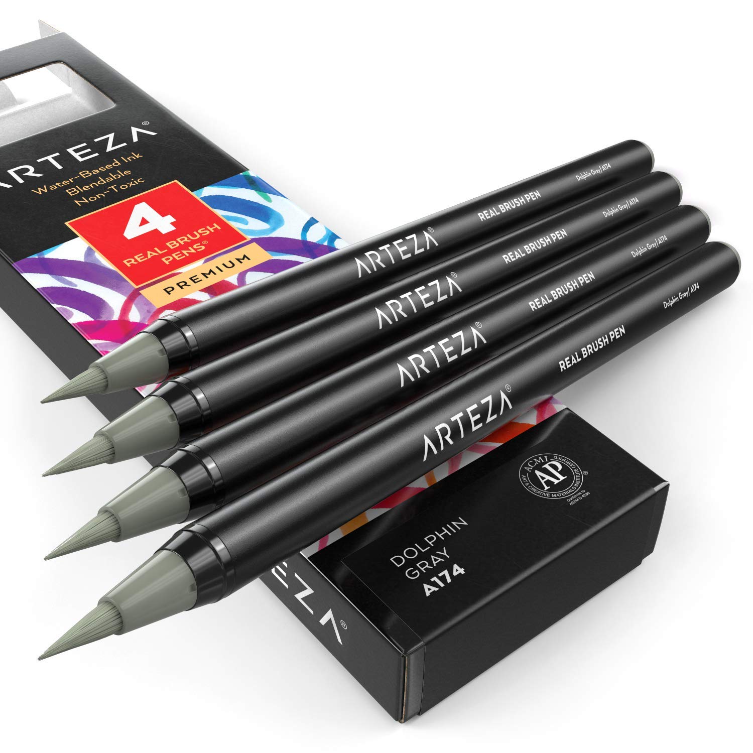 Real Brush Pens, A174 Dolphin Gray, Pack of 4, Watercolor Pens with Nylon Brush Tips, Art…