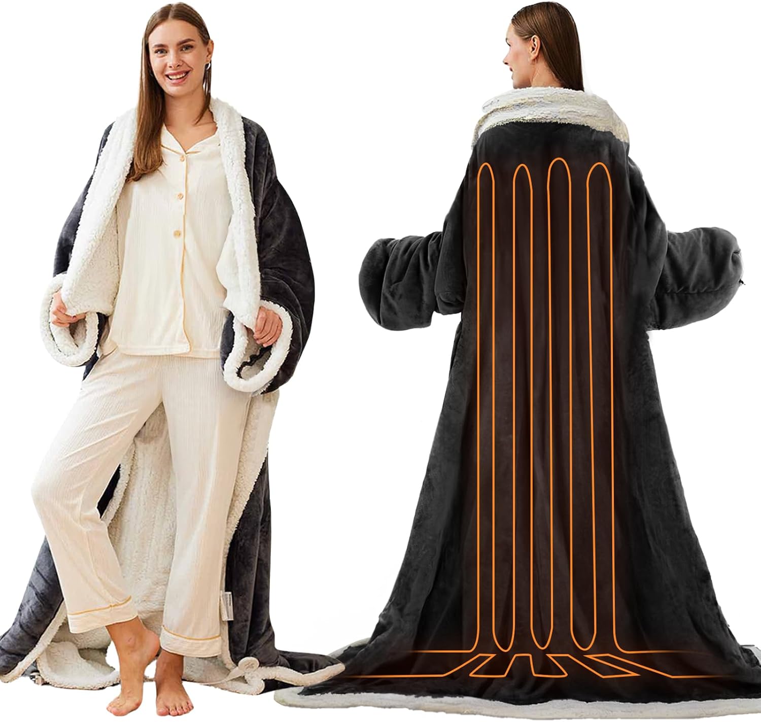 Heated Blanket Wearable Electric Blanket with Heated Foot Pocket, Portable Heated Blanket with Sleeves Flannel & Sherpa Heating Blanket with 6 Heating Levels & 1-10 Hour Timer, 51" * 71"+18", Grey