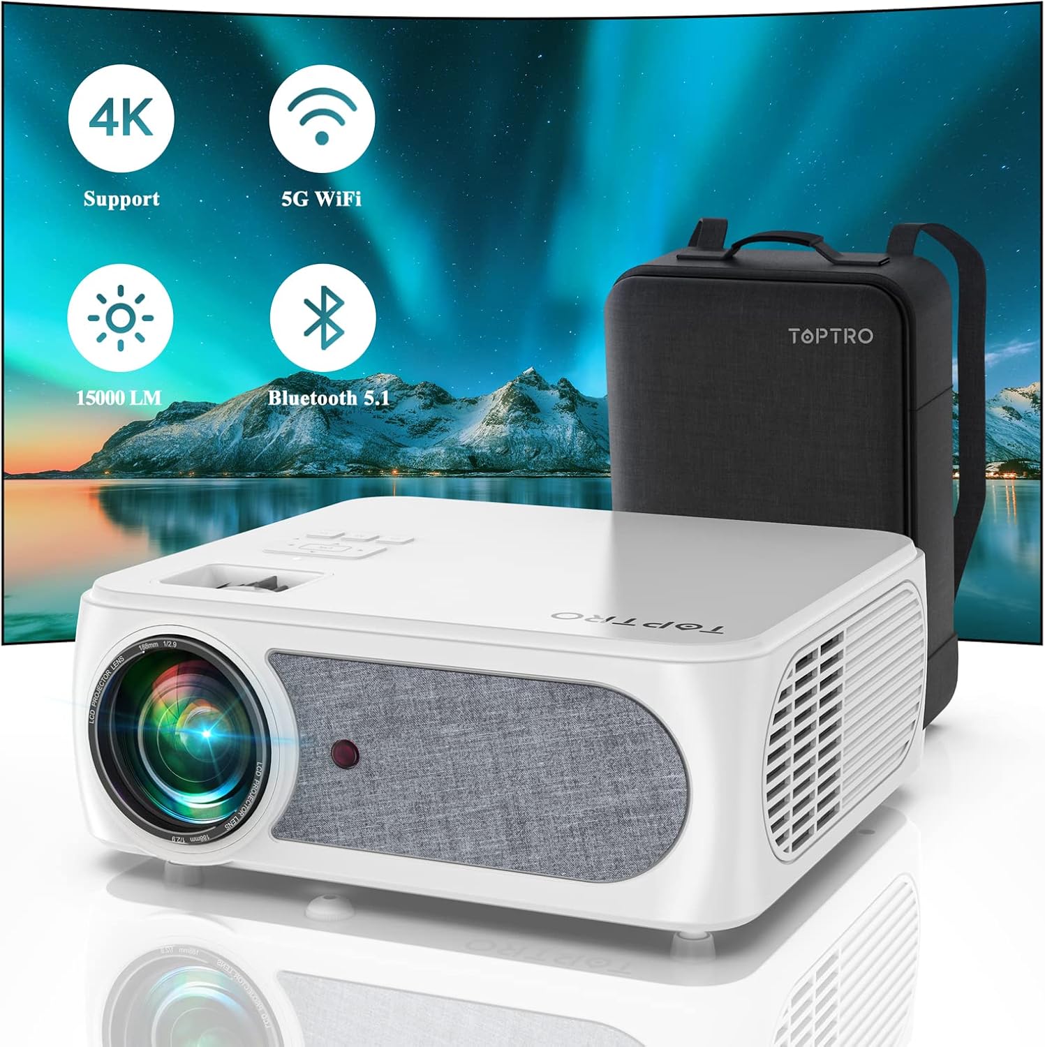 TOPTRO 5G WiFi Bluetooth Projector,15000 Lumens Native1080P Portable