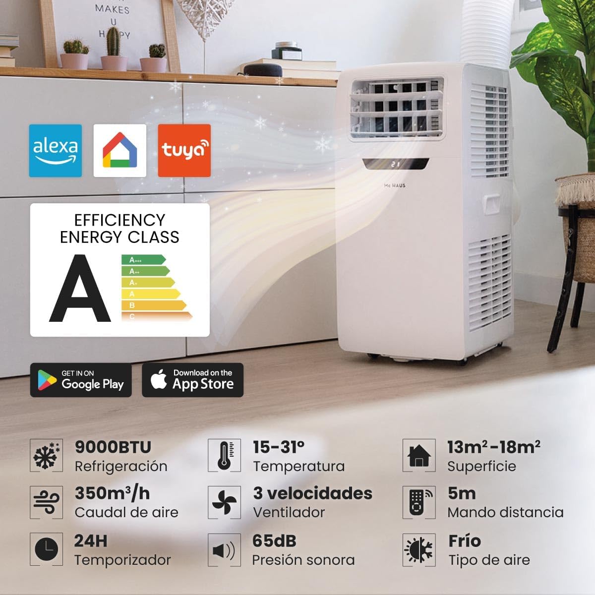 Infographic highlighting key features of the Mc HAUS Artic-260: 9000 BTU cooling, 15-31 degree temperature range, 350 m³/h airflow, 3 fan speeds, 13-18 m² coverage, 5m remote range, 24h timer, 65dB noise, and cooling/heating function.