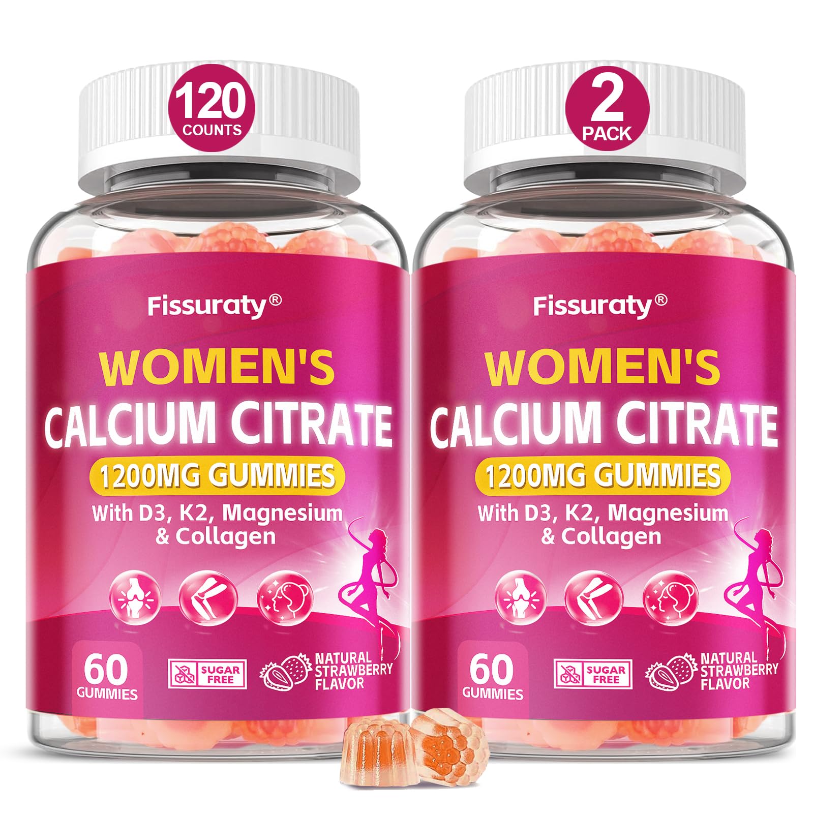 Calcium Supplements for Women: 1200mg Calcium Citrate Gummies, 120 Gummies Strawberry 60 Count (Pack of 2)