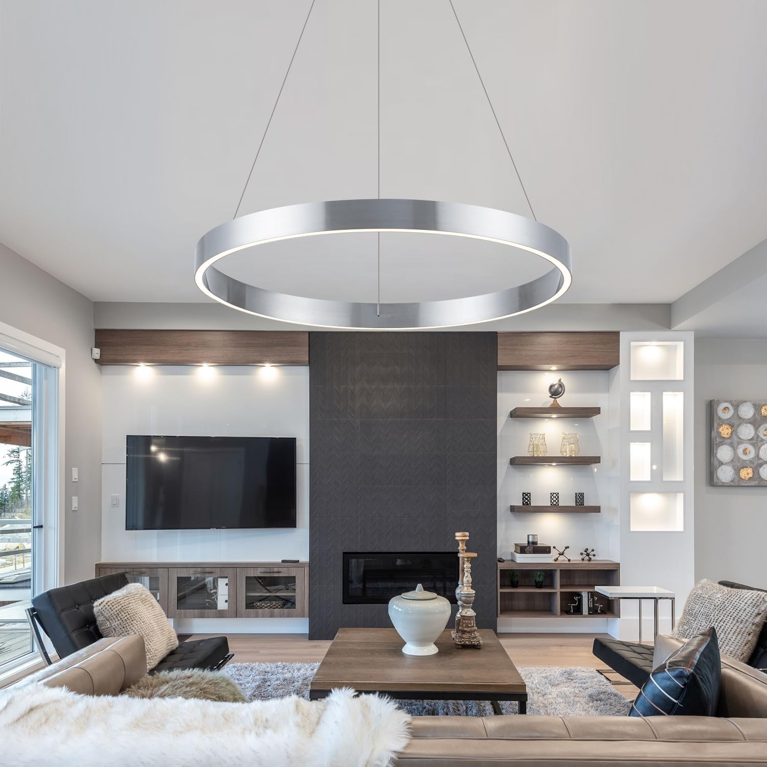 Modern Led Chandelier, 1 Ring Circular Pendant Lights, 23.62" Dining Room Modern Chandelier for Foyer Kitchen Living Room Bedroom Hallway 3000K, Silver Color