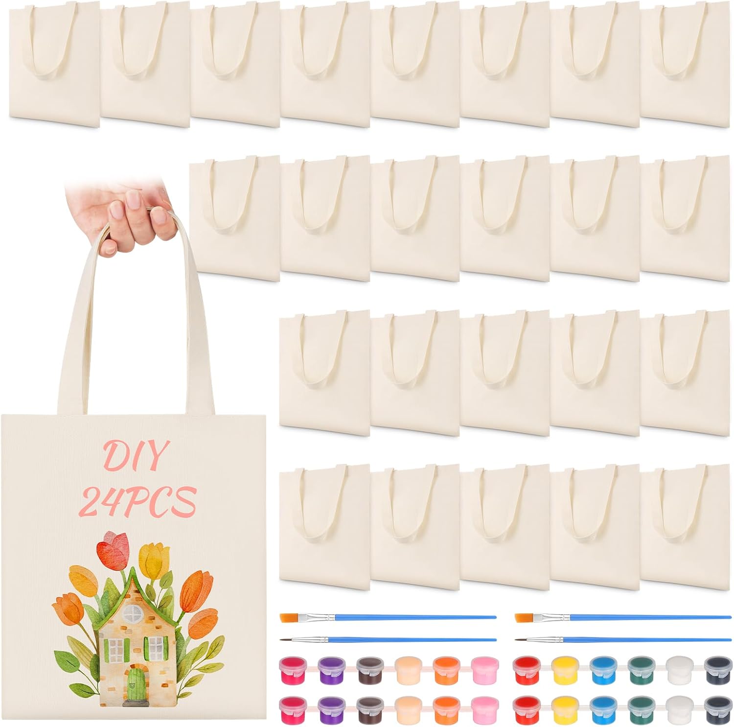 Petallush 24 Pack Canvas Tote Bags Bulk, Reusable Blank Tote Bags with Handles & Acrylic Paint Set, Small Cotton Tote Bag