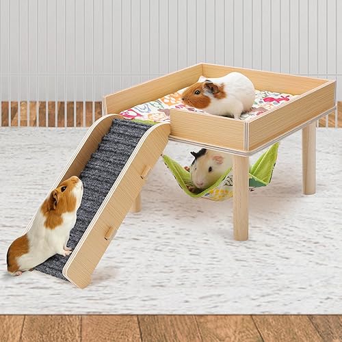 Guinea Pigs Hammock with Platform, Safe Wooden Guinea Pig Hideout