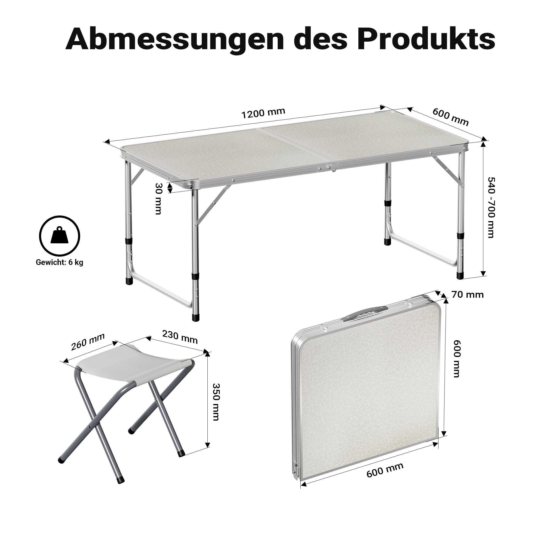 Wiltec Campingmöbel Set 5tlg. Campingtisch mit Stühlen höhenverstellbarer Tisch Plus 4 Campingstühle Aluminium Sitzgarnitur Campingtisch klappbar Klapptisch Camping Garnitur faltbar