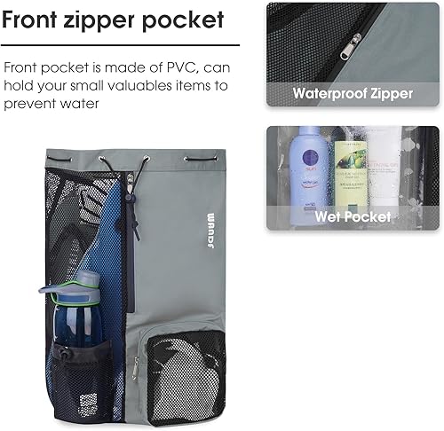 Vista 16 de WANDF Mochila de malla con cordón y bolsillo húmedo para natación, gimnasio y equipo de entrenamiento Negro