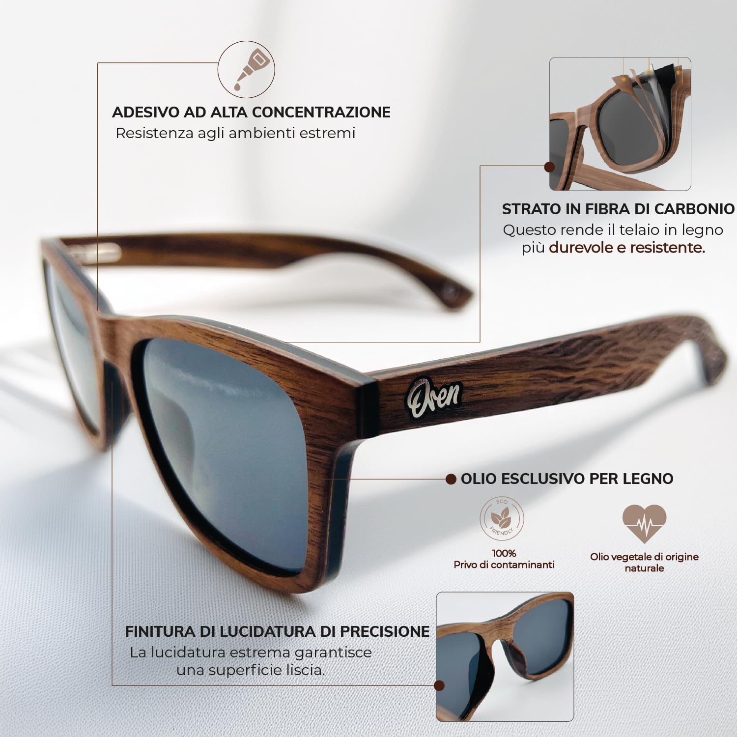 Oren Innovations - Occhiali da Sole Uomo Donna Polarizzati UV400, Galleggianti in Vero Legno Multistrato, Ultraleggeri con Cerniere a Molla, Ideali per Mare, Barca, Pesca, Kayak e Outdoor