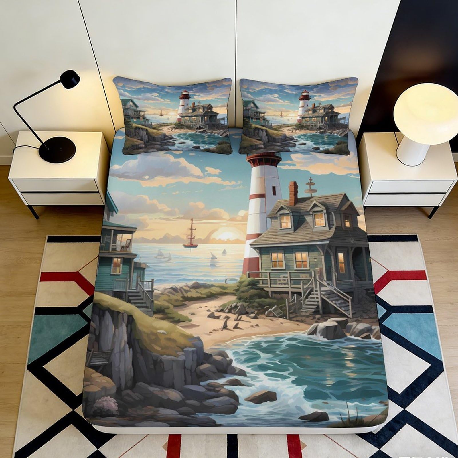 Dhbaneiok Style-10 3D Printed Lighthouse Seaside View Fitted Sheet Microfiber Soft Mattress Cover Ocean Sunset Decor For Bedroom Guestroom 90X200x25cm