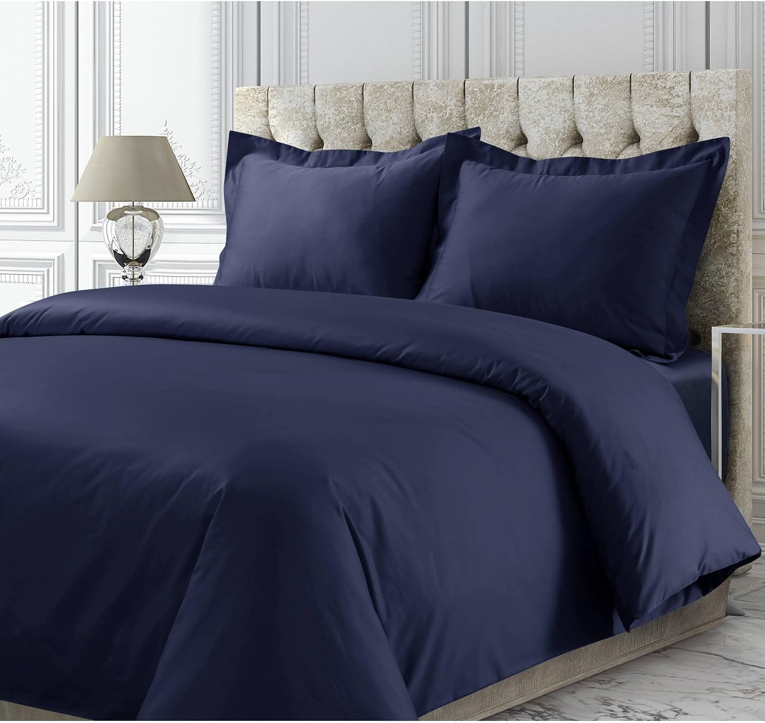 Tribeca Living Cotton Queen Duvet Cover Set, 750 Thread Count, 3 Piece Set Includes Plain Oversized Queen Duvet Cover & Two Sham Pillowcases, Navy Blue