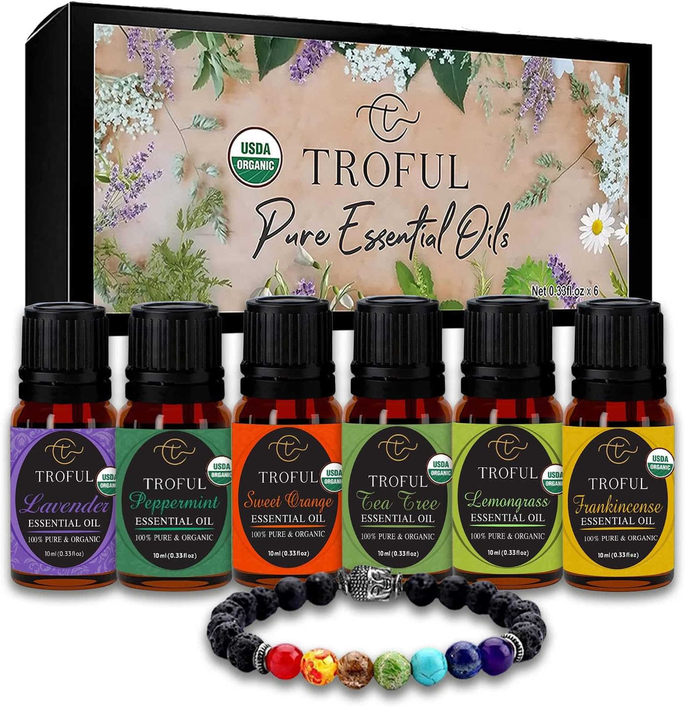 USDA Organic Essential Oils Set with Chakra Bracelet, Top 6 Lavender, Tea Tree,Sweet Orange,Frankincense,Peppermint,Lemongrass Aromatherapy Oils for Diffusers,DIY,Skin,Hair Care 10ml x 6