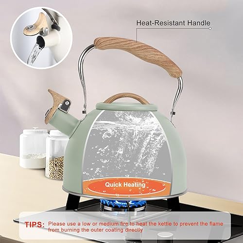 Miniatura 4 de Hervidor de té de 100 onzas  3 litros, tetera para estufa, acero inoxidable de grado alimenticio con mango plegable con patrón de madera, silbato
