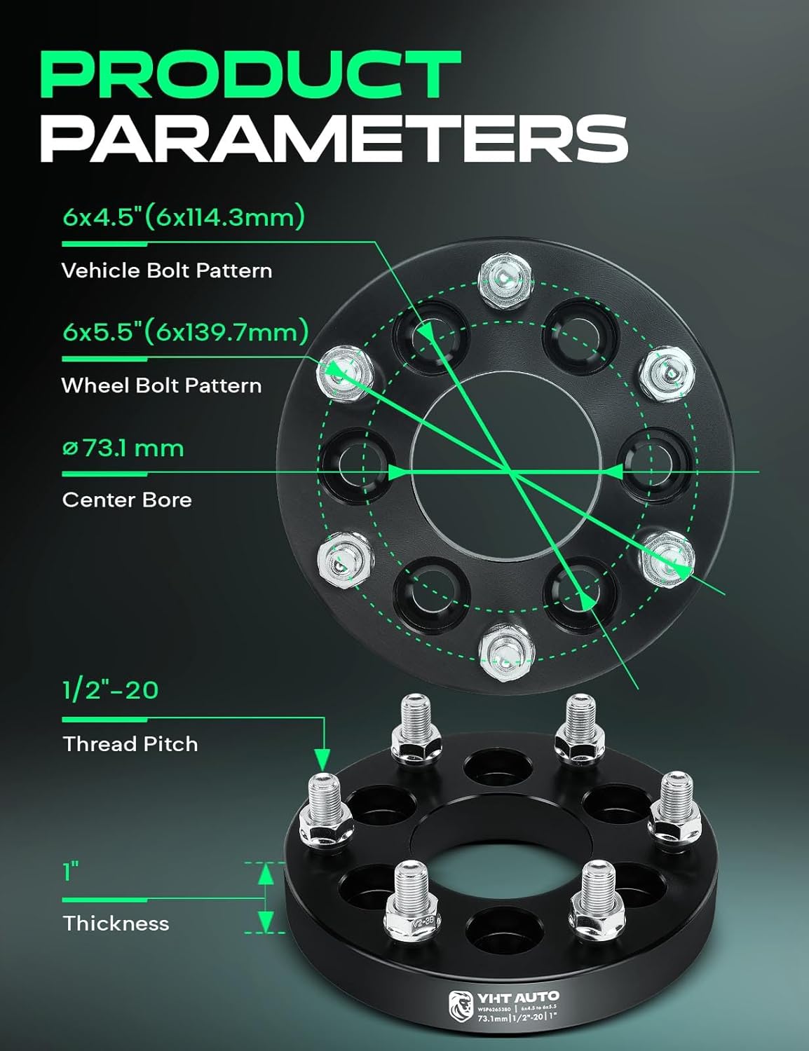 YHTAUTO 6x4.5 to 6x5.5 Wheel Adapters 1 Inch Compatible with Nissan Frontier Pathfinder Xterra 05-13, Dodge Dakota, Tire Adapters w/ 1/2"-20 & 12.9 Grade Studs, 73.1mm Center Bore 4PCS