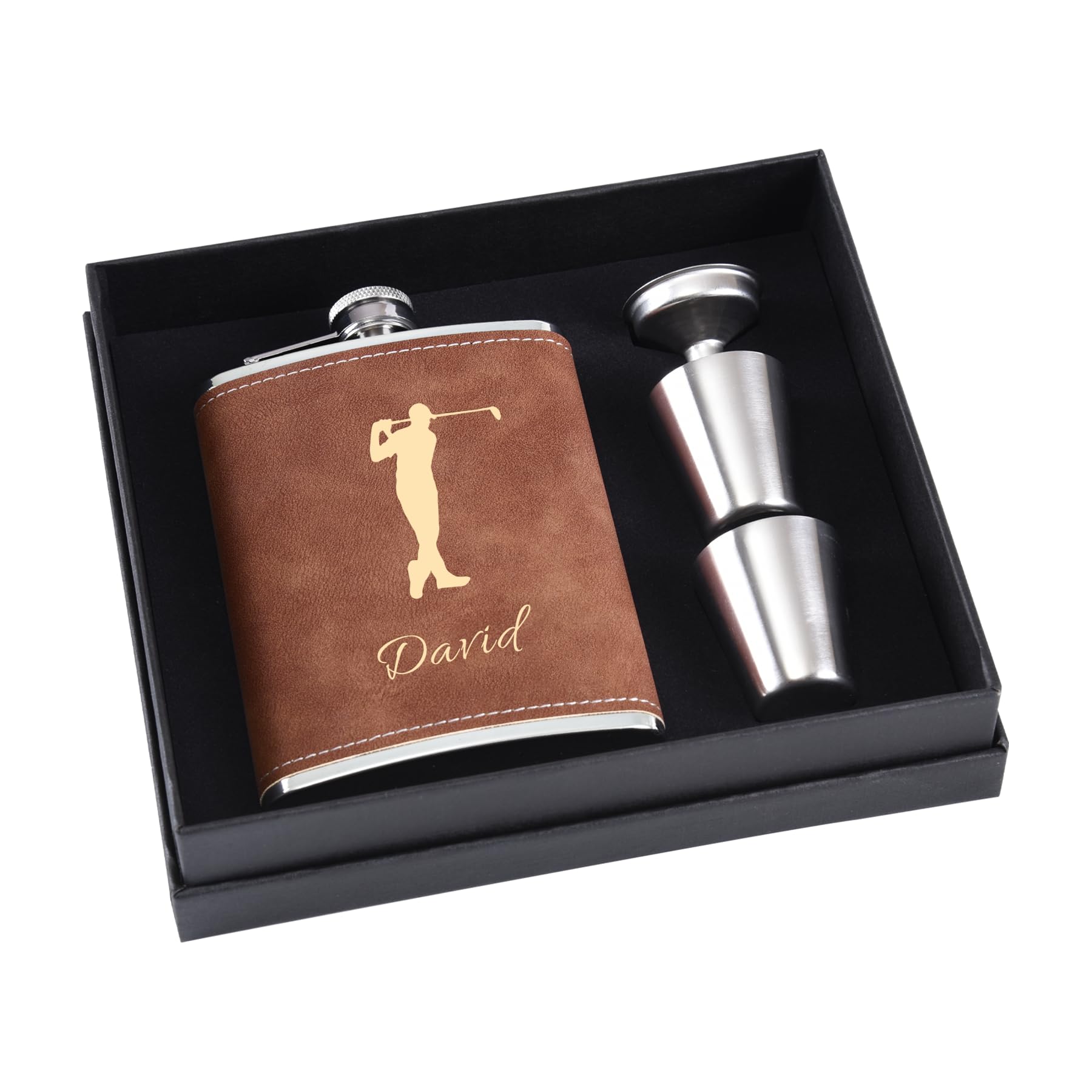 Personalised Flask Gift Set for Men, 8 oz 304 Stainless Steel Engraved Hip Flasks with Golf Icon, Custom Flask for Men Gifts (Brown)