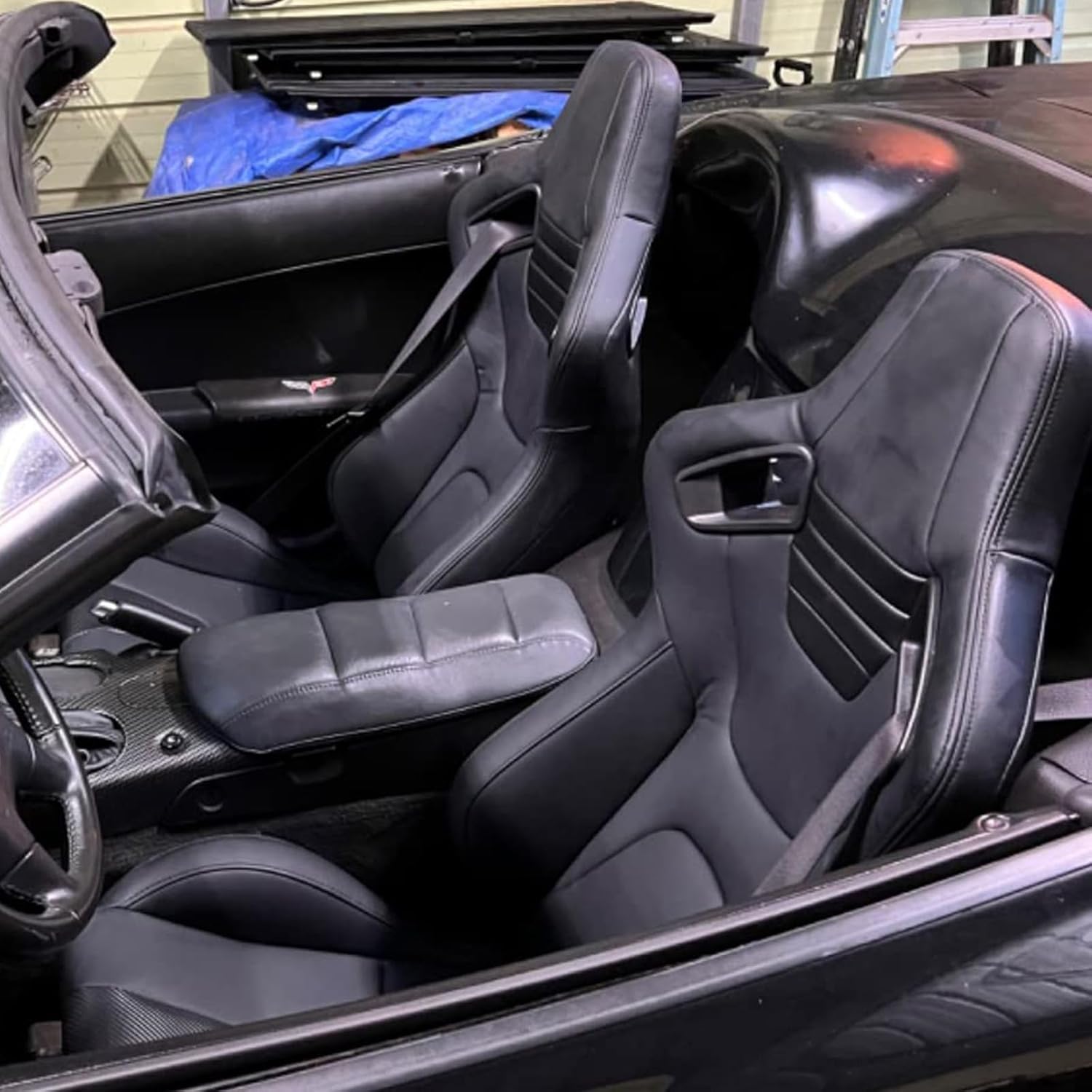 Universal Pairs of Racing Seat with Dual Sliders, PU Leather Front+Carbon Leather Back Reclinable Bucket Seat, Black+Black Stitch