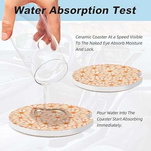 Miniatura 5 de Posavasos florales naranjas para portavasos de automóvil, paquete de 2 posavasos de automóvil para automóvil, posavasos absorbentes de cerámica con