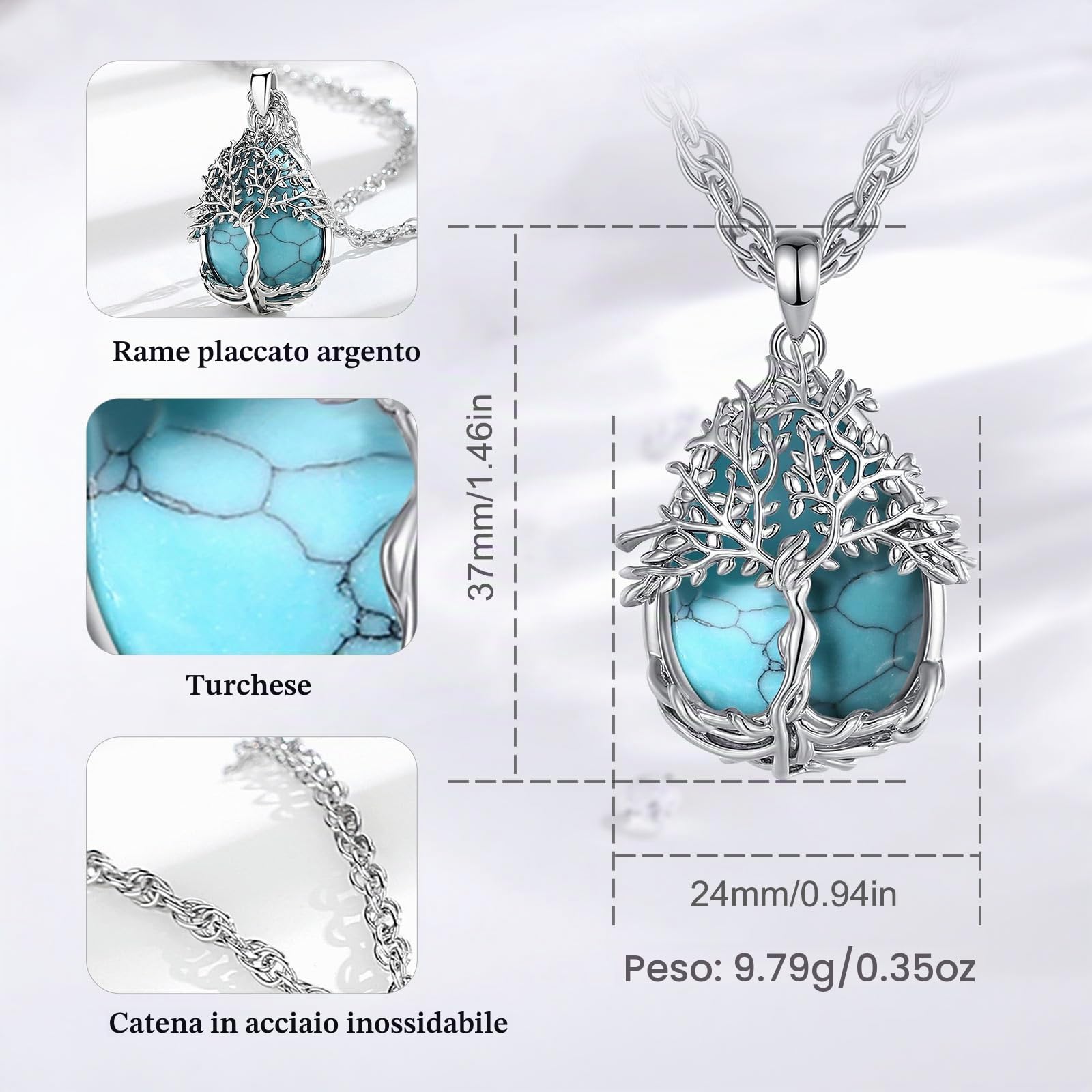 AEONSLOVE Collana Albero della Vita Donna con Cristallo, Ciondolo Albero della Vita con Pietra di Luna Ossidiana Collana Ametista Turchese Malachite Gioielli Pietre e Cristalli