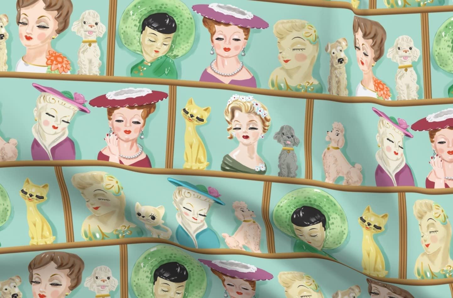 Spoonflower Fabric - Lady Head Vases Big Dogs 1950S Home Decor Cats 1940S Printed on Petal Signature Cotton Fabric Fat Quarter - Sewing Quilting Apparel Crafts Decor